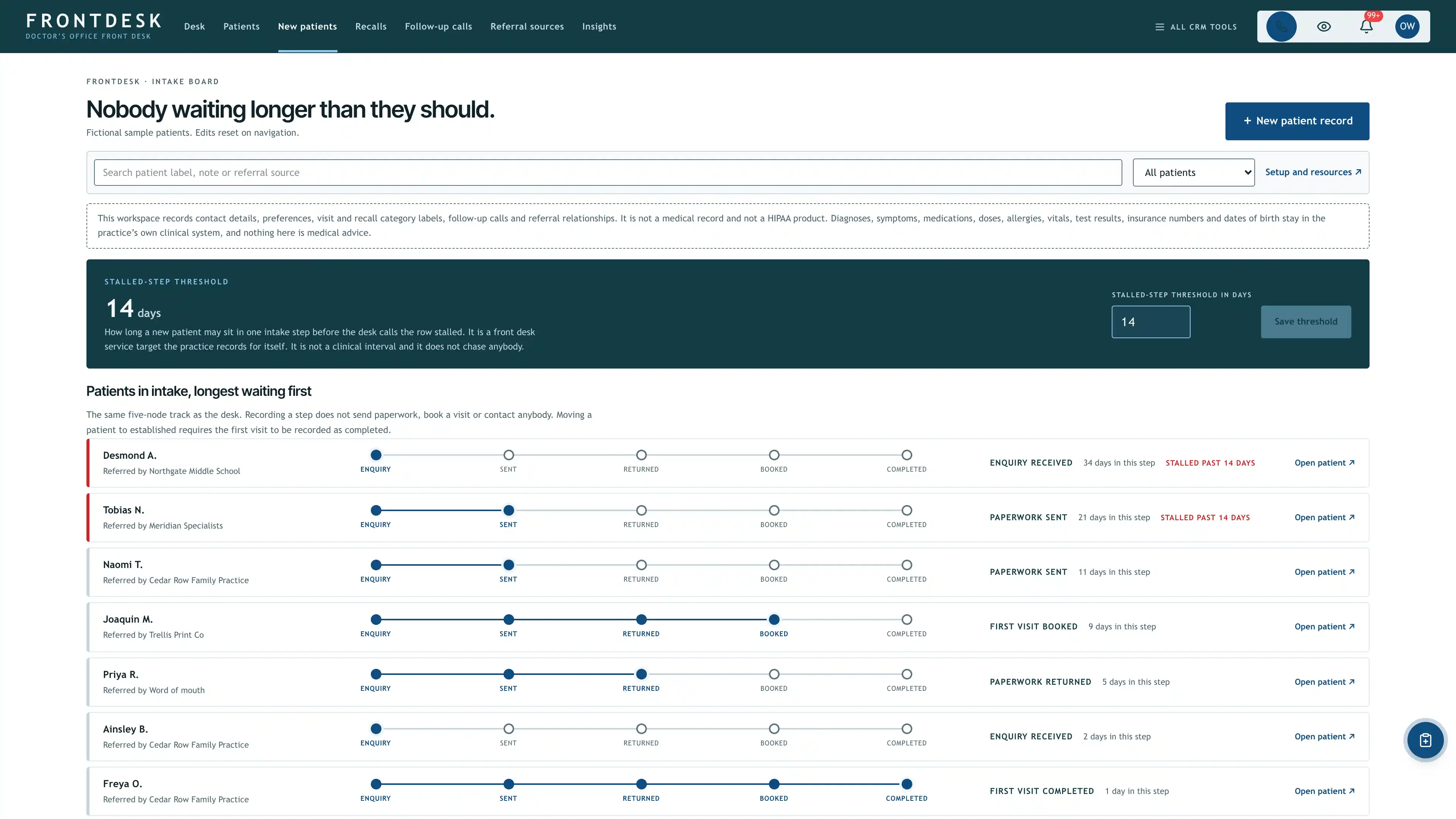 New patients in the GoSeedly Medical Practice Kit with fictional sample records