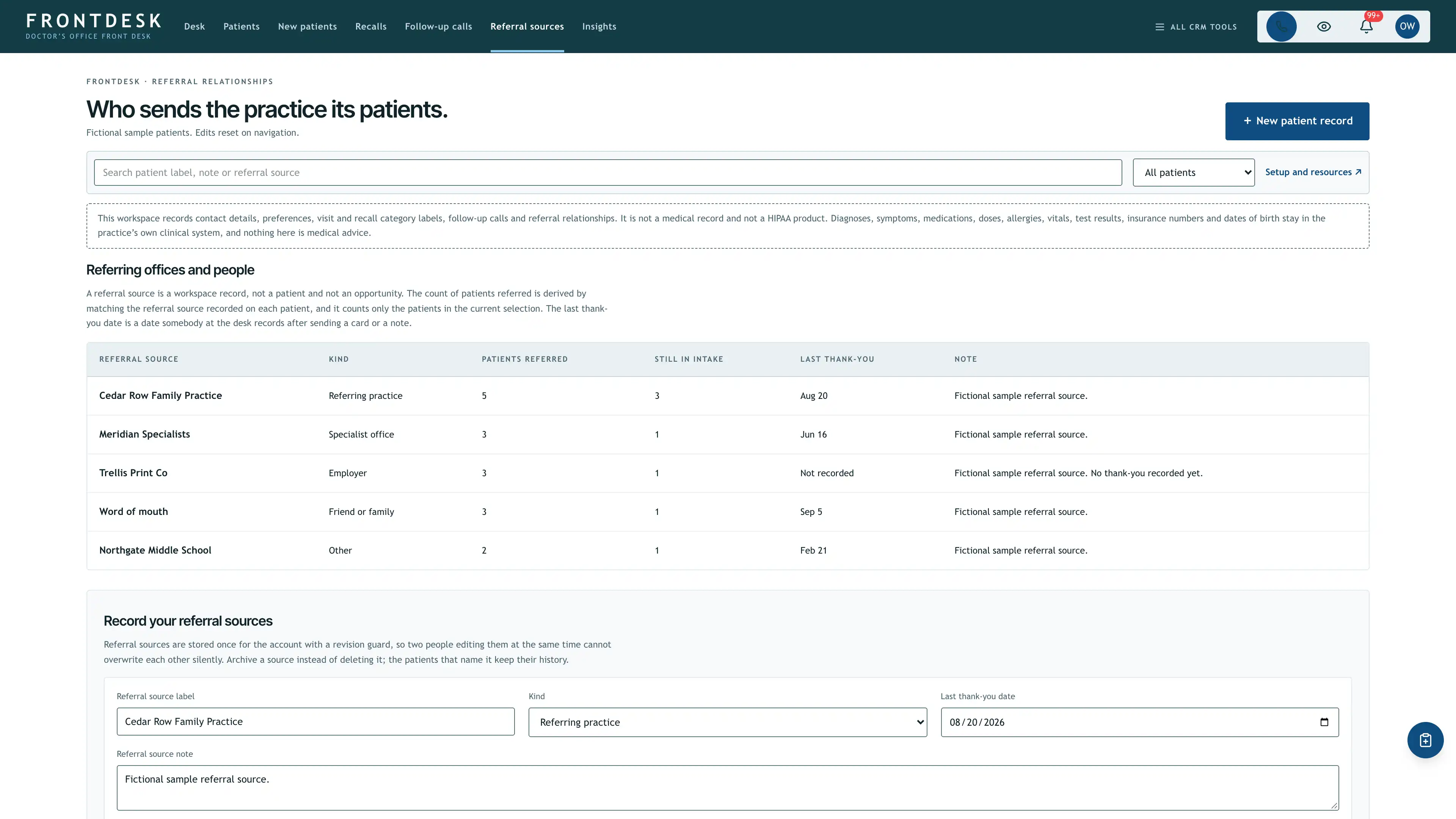 Referral sources in the GoSeedly Medical Practice Kit with fictional sample records