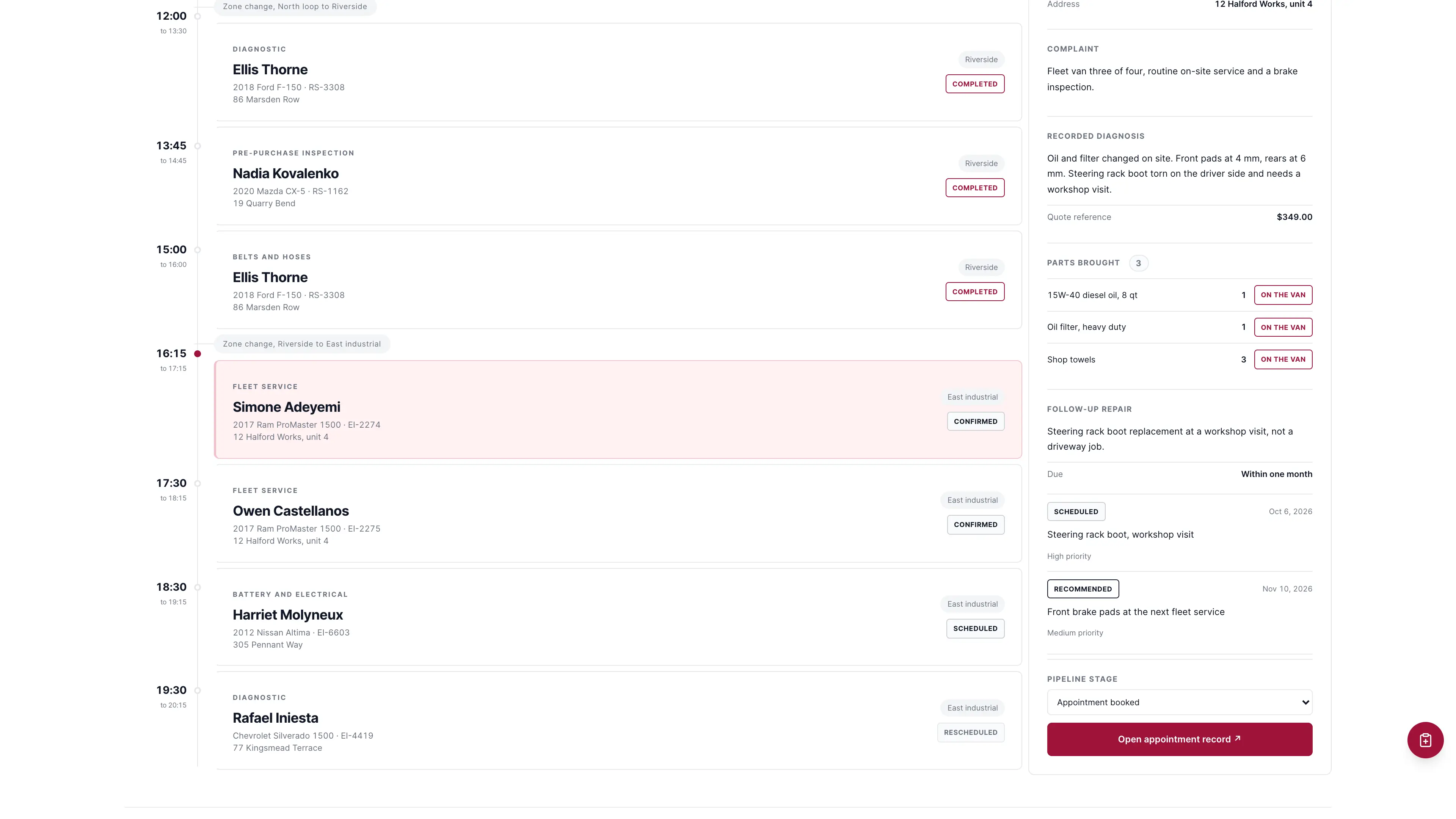 Appointment sheet in the GoSeedly Mobile Mechanic Kit with fictional sample records
