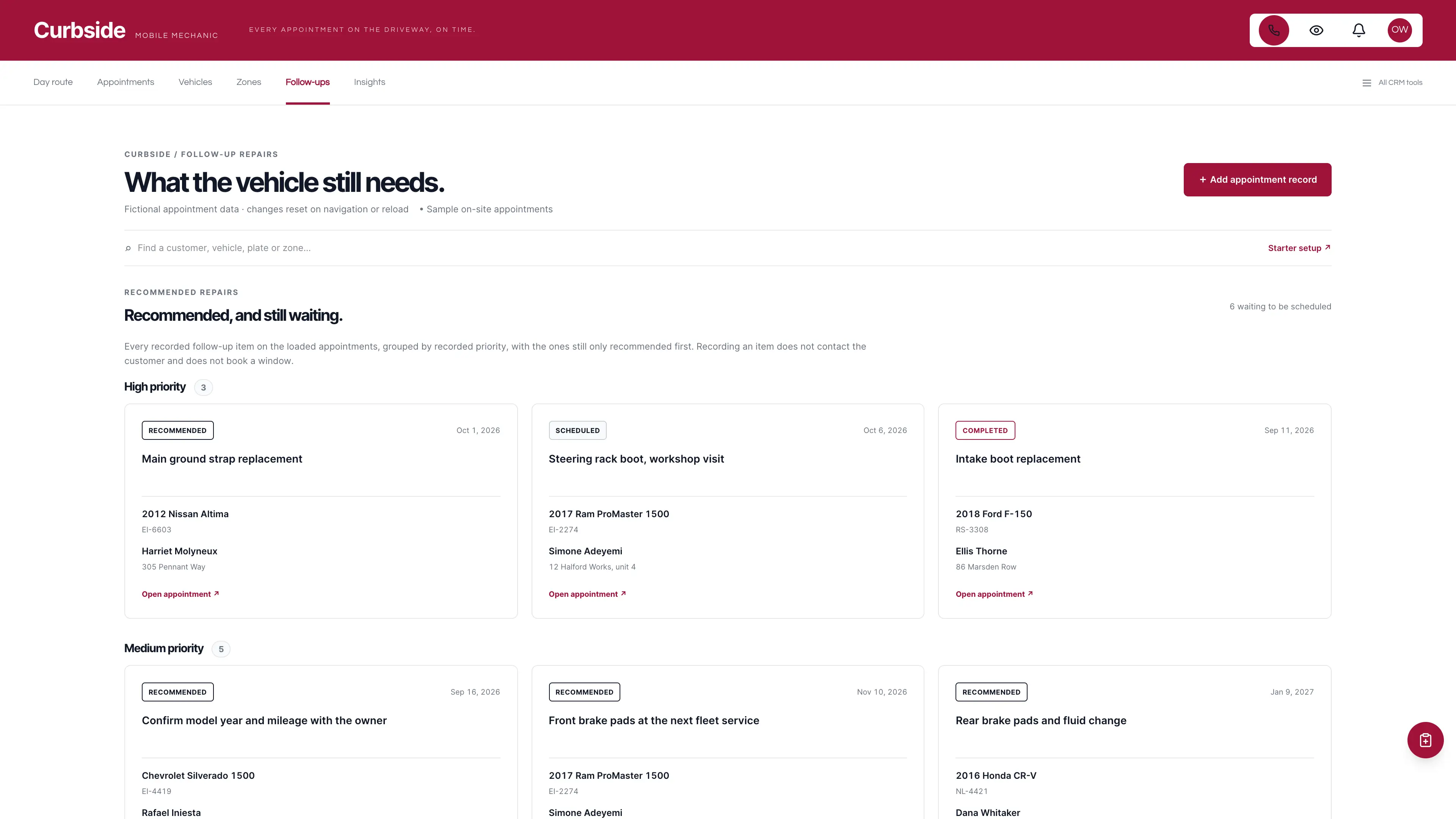 Follow-up repairs in the GoSeedly Mobile Mechanic Kit with fictional sample records