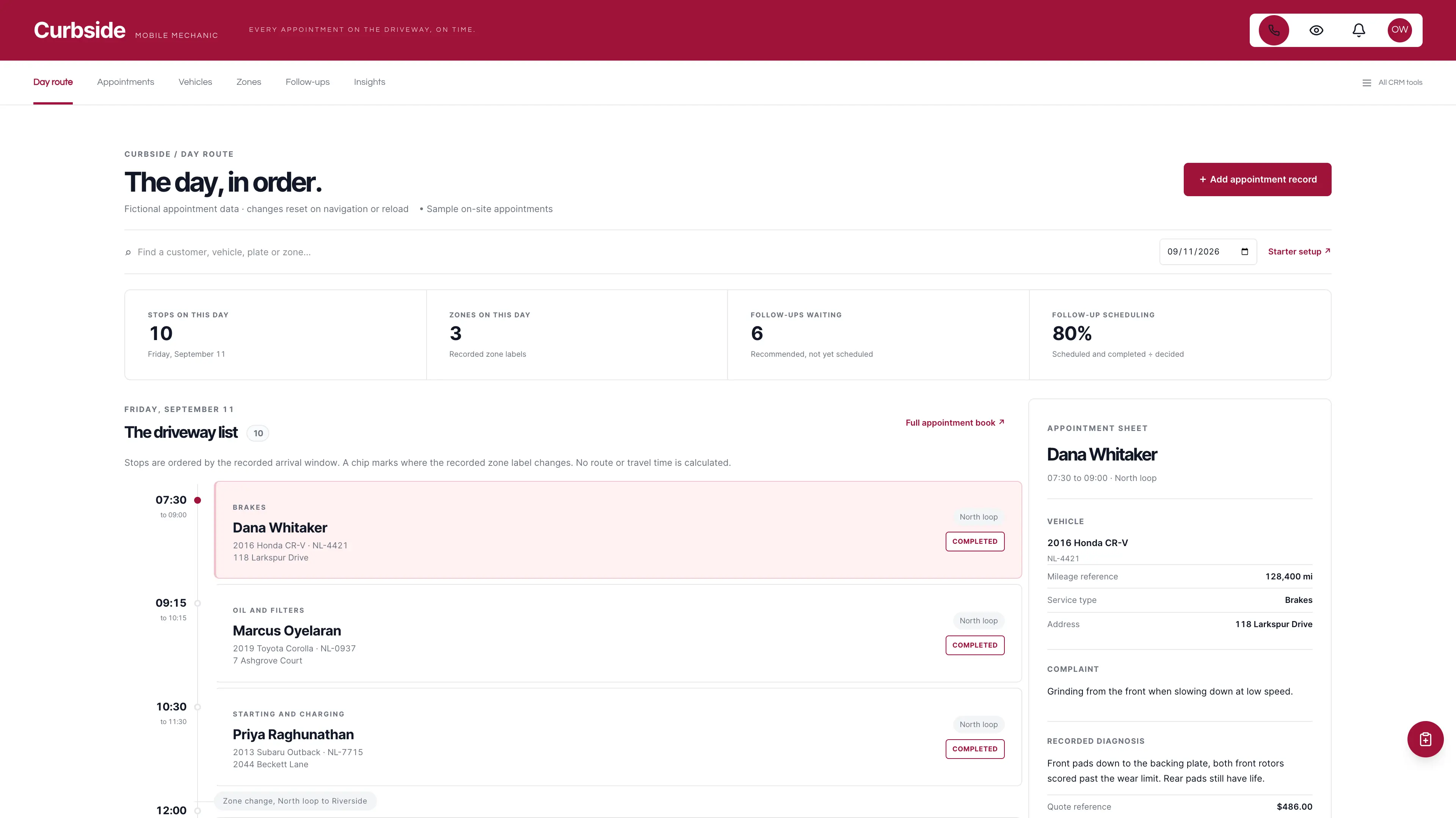 GoSeedly Mobile Mechanic Kit workspace with fictional sample data
