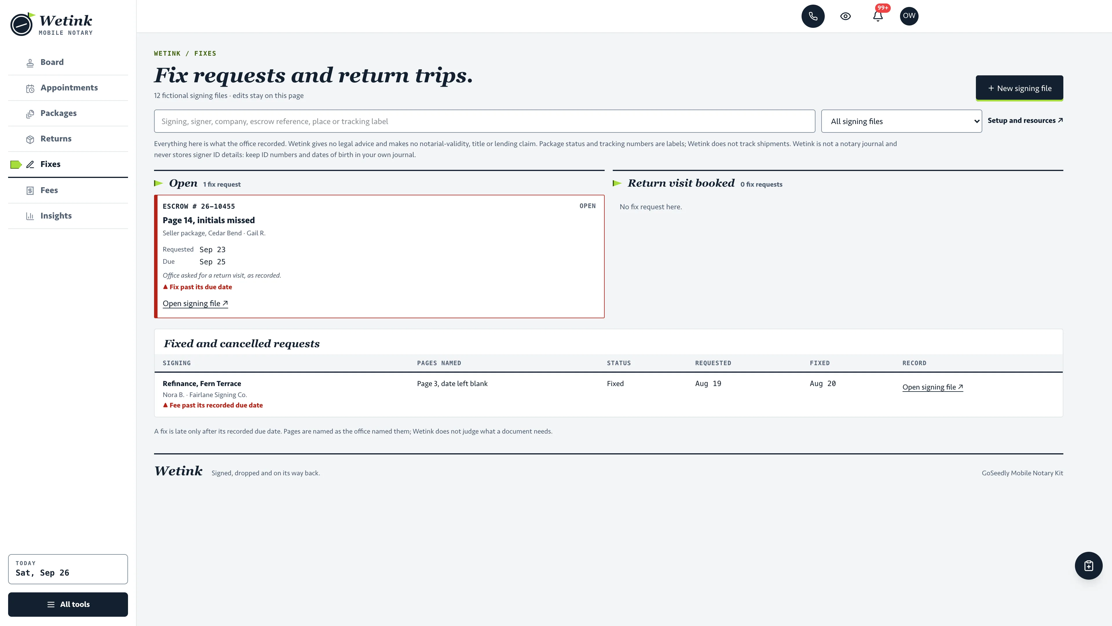 Fixes in the GoSeedly Mobile Notary & Loan Signing Kit with fictional sample records