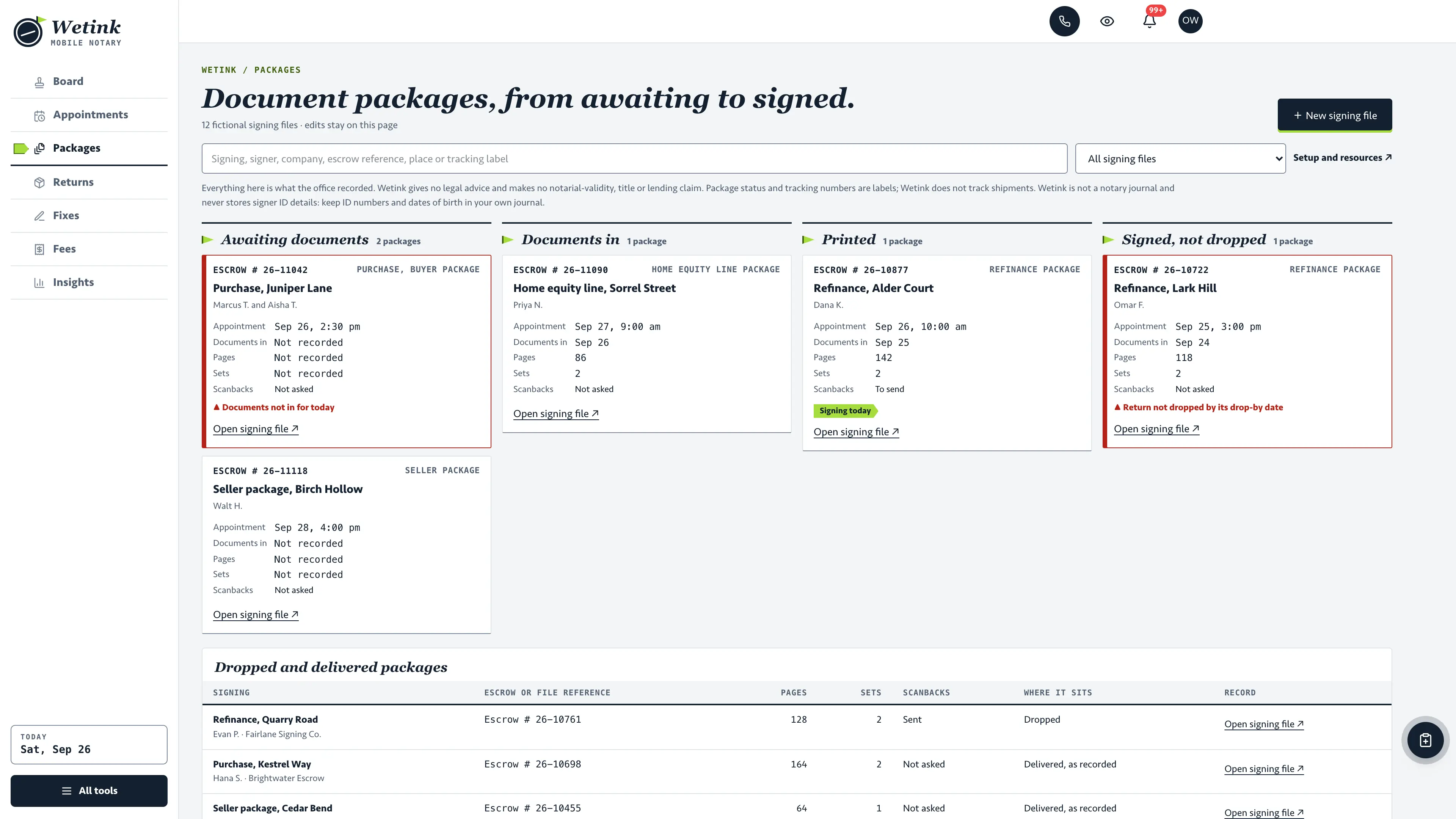 Packages in the GoSeedly Mobile Notary & Loan Signing Kit with fictional sample records