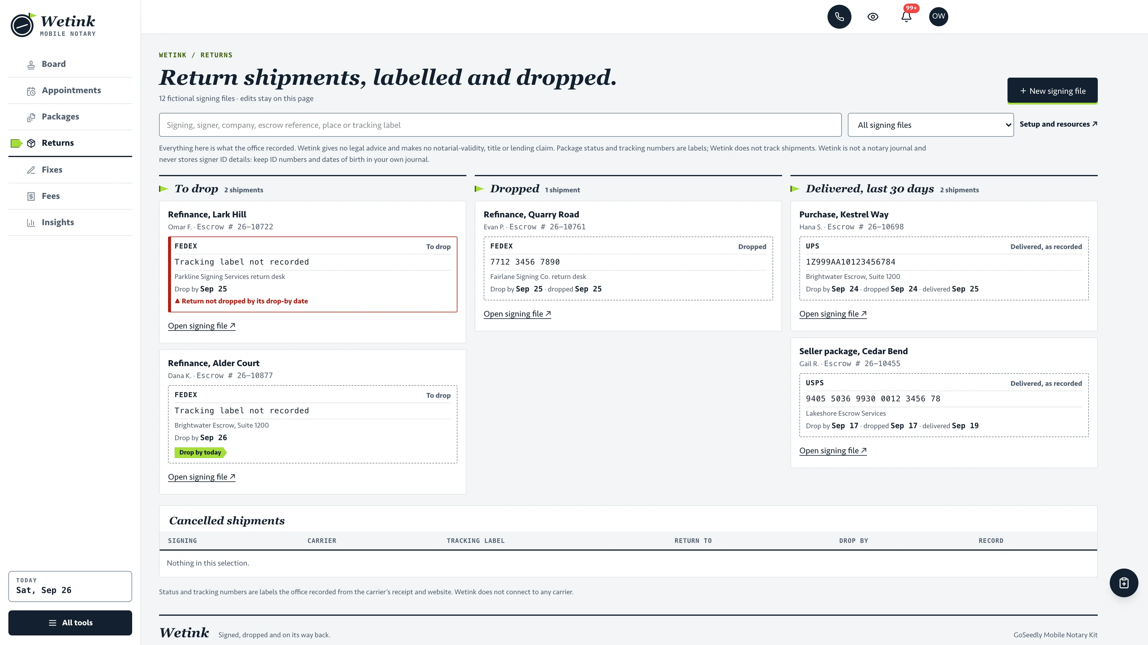 Returns in the GoSeedly Mobile Notary & Loan Signing Kit with fictional sample records
