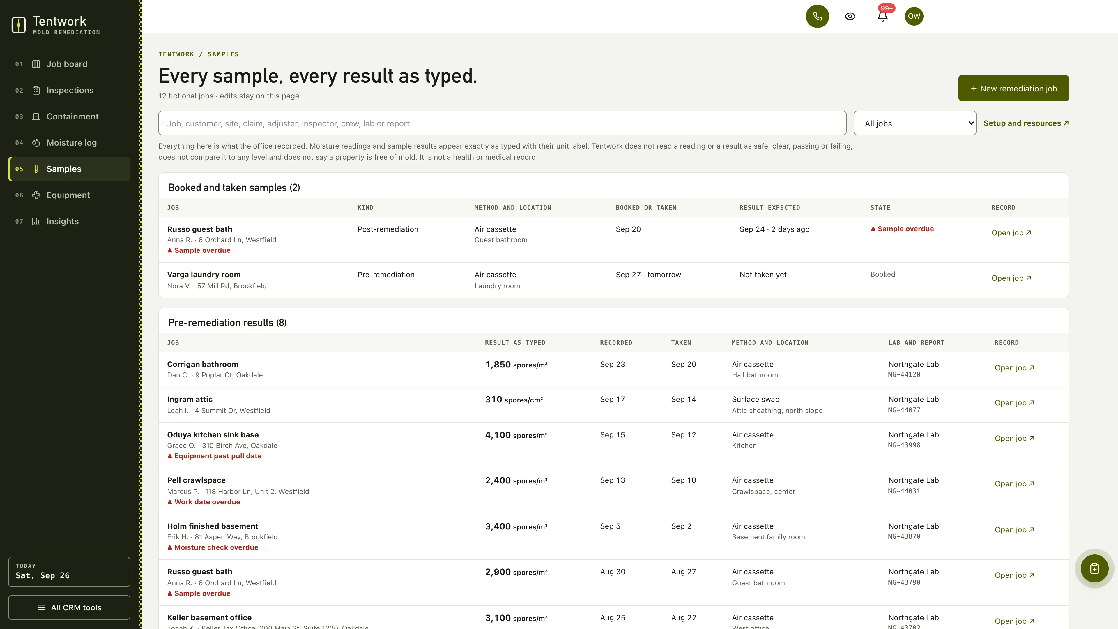 Samples in the GoSeedly Mold Remediation Kit with fictional sample records