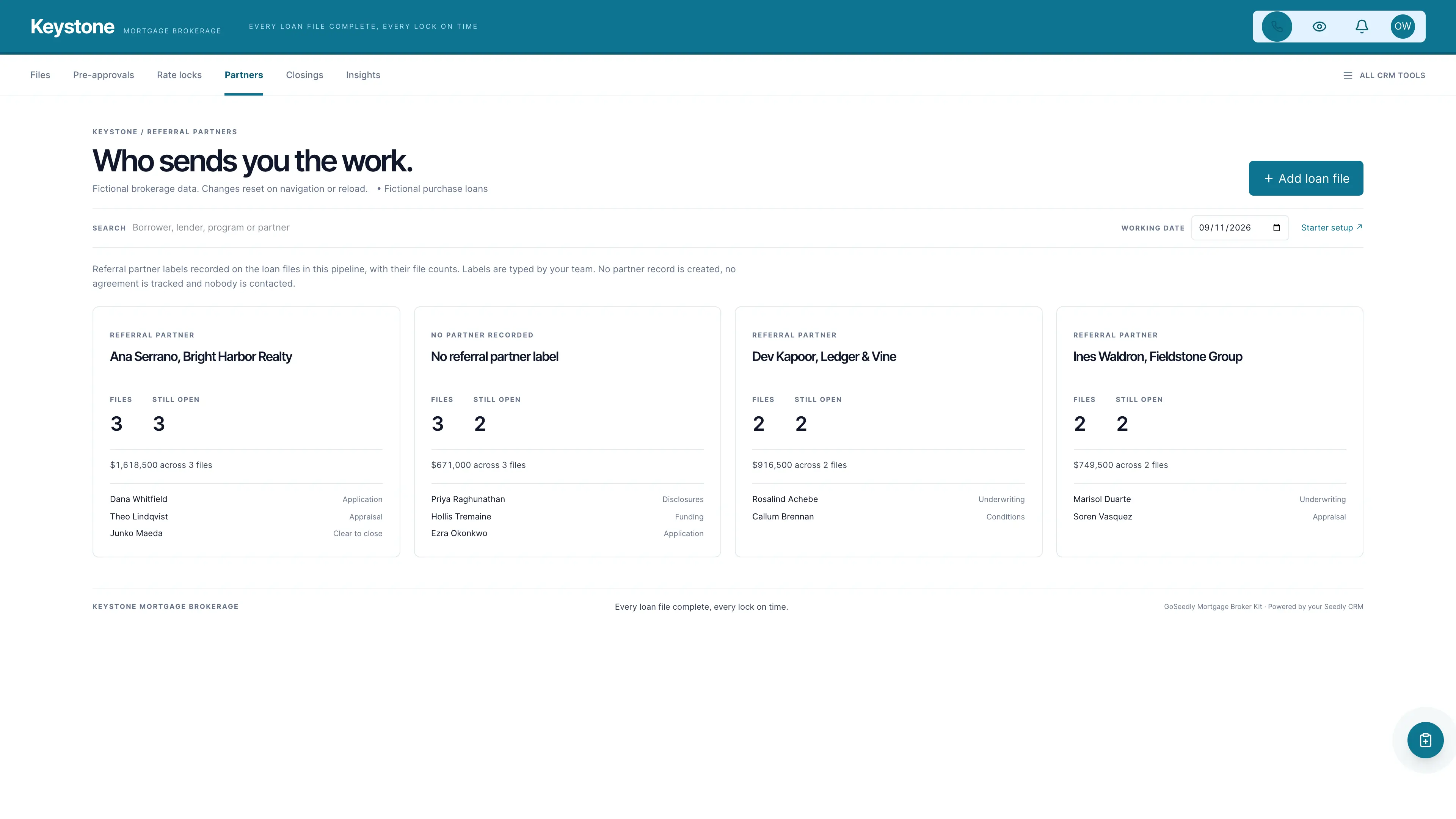 Referral partners in the GoSeedly Mortgage Broker Kit with fictional sample records