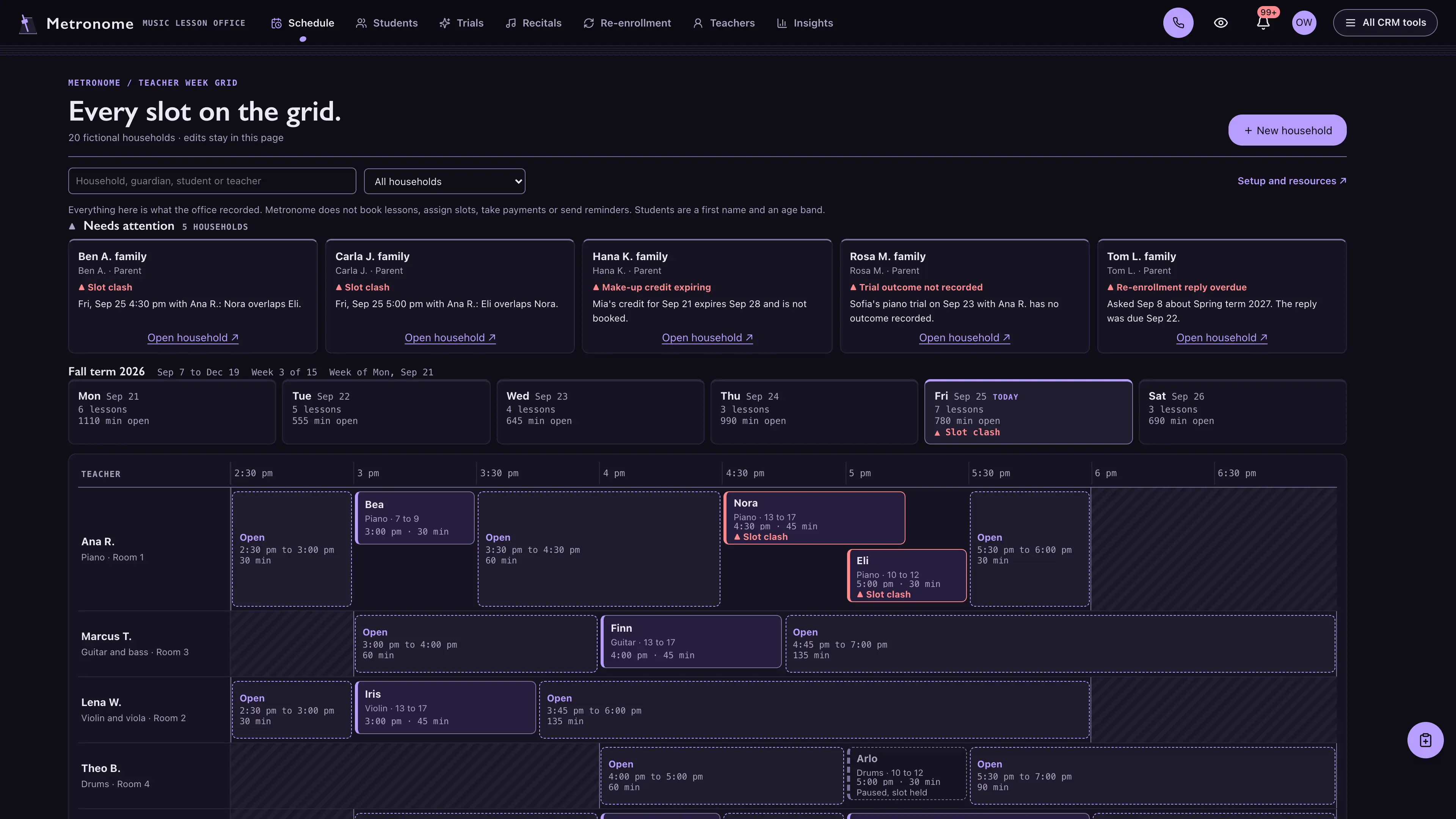 Dark violet-ink workspace with a needs-attention strip, day tabs with lesson counts and open minutes, and a teacher by time-slot grid where lesson blocks, dashed open slots and two clashing lessons flagged in red sit in each teacher row, using fictional sample data