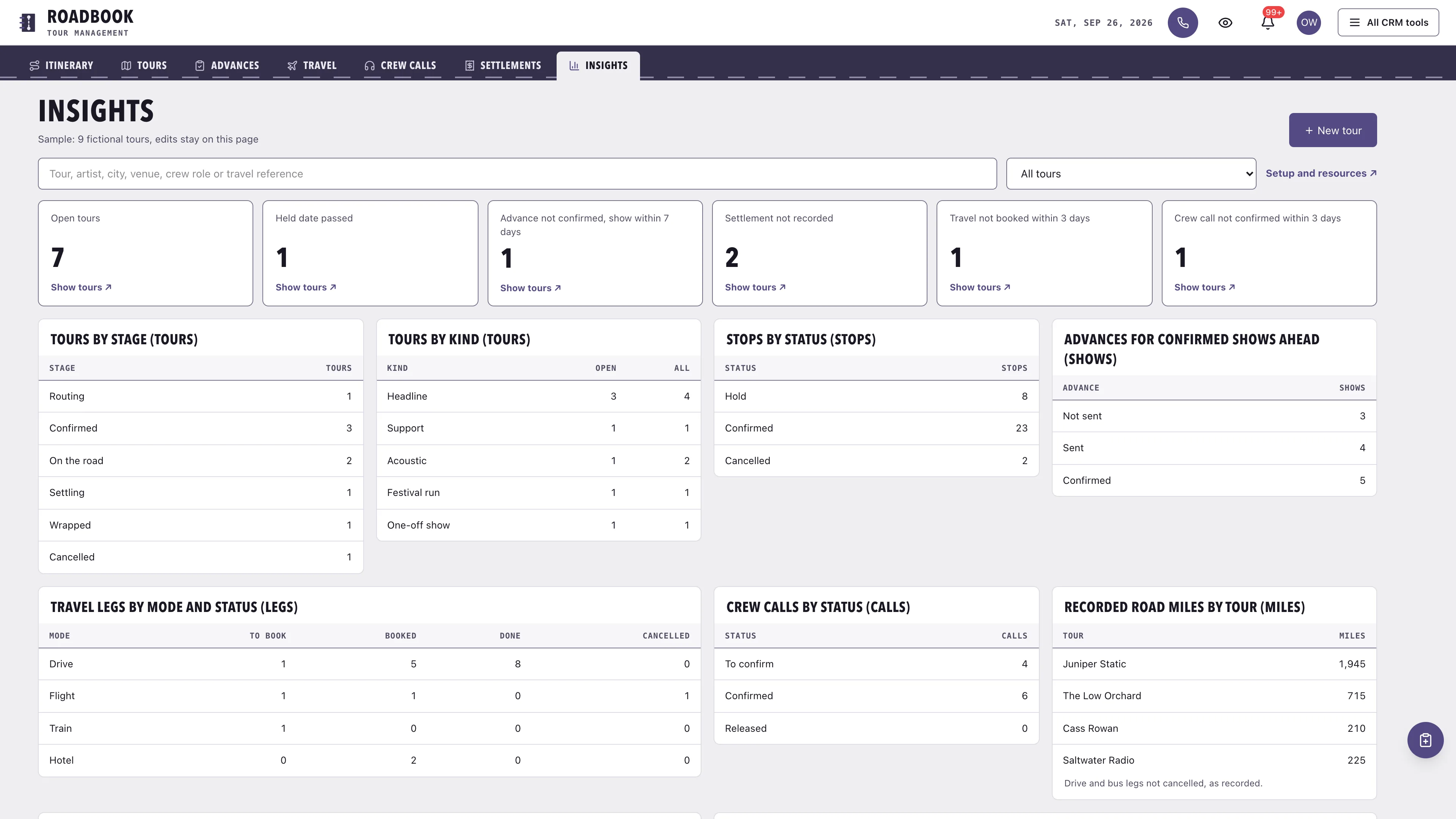 Insights in the GoSeedly Music & Artist Tour Management Kit with fictional sample records