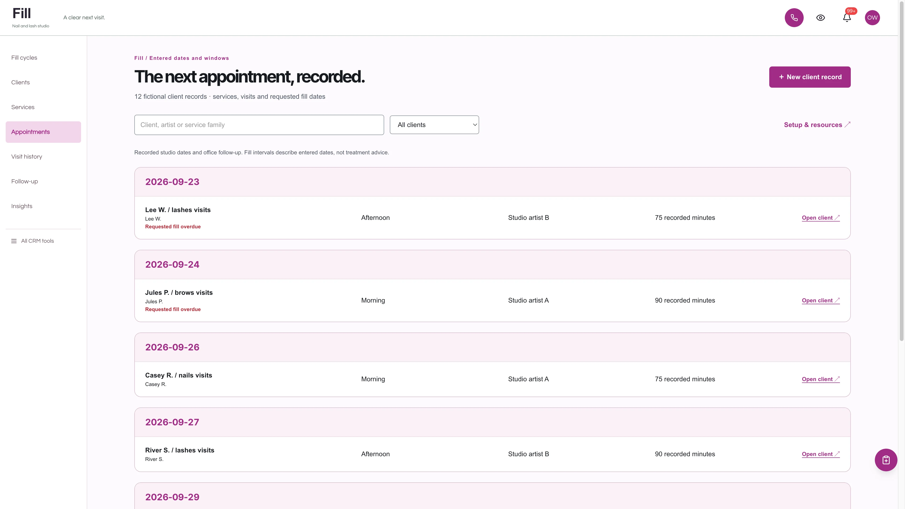 Appointments in the GoSeedly Nail & Lash Studio Kit with fictional sample records