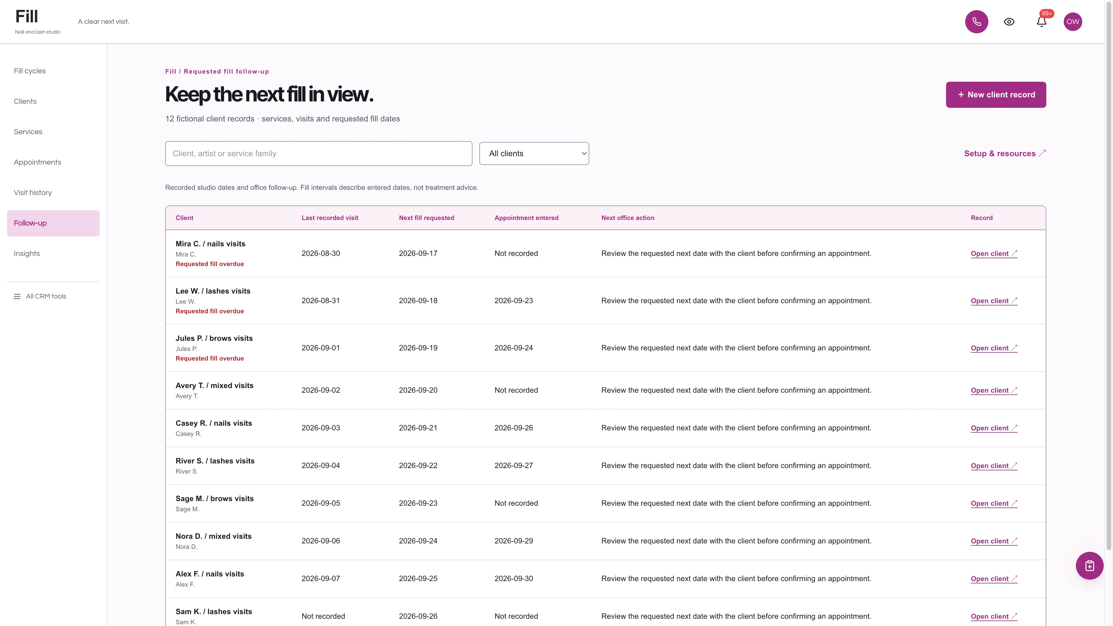 Follow-up in the GoSeedly Nail & Lash Studio Kit with fictional sample records