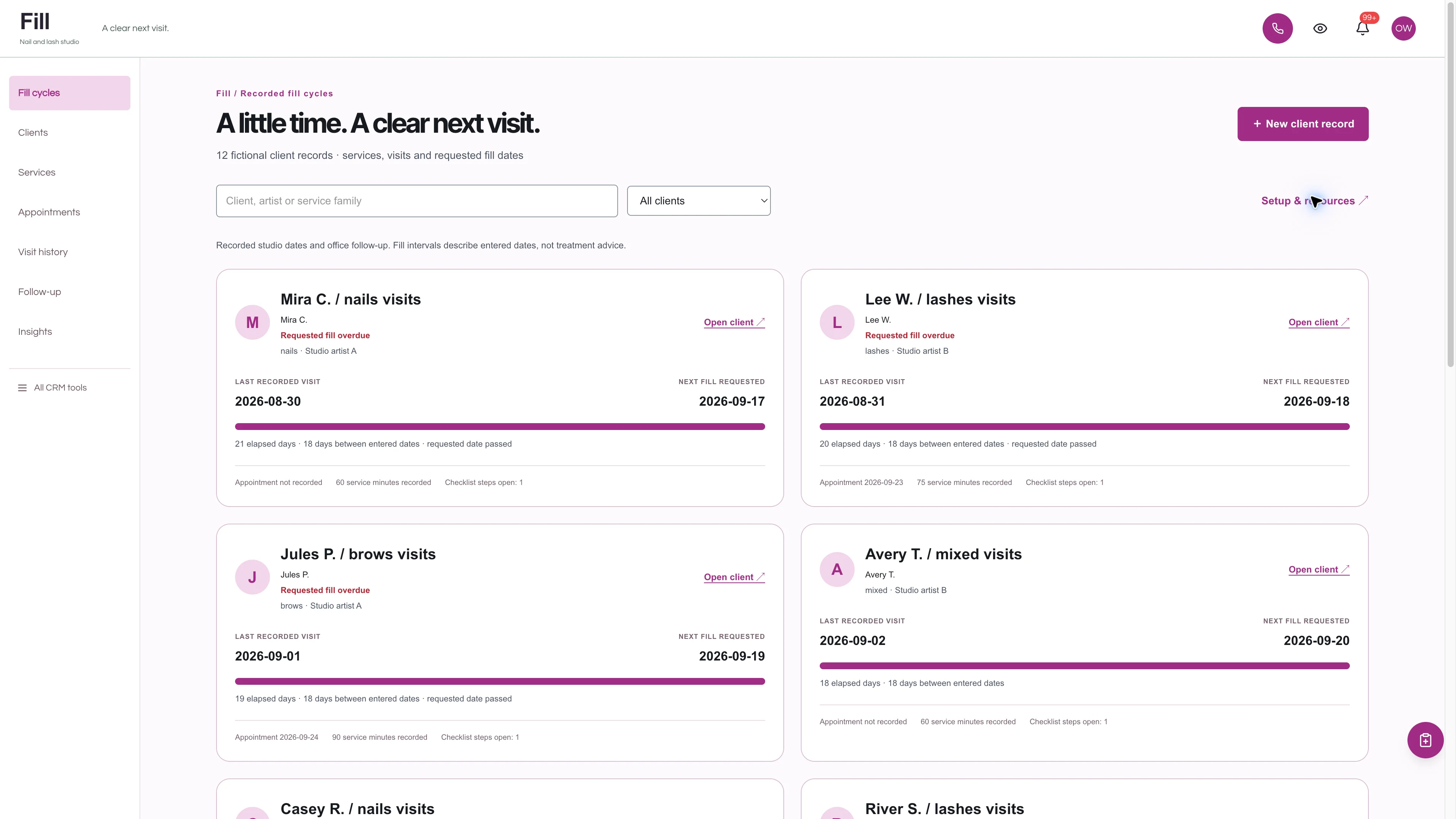 Fill client interval cards with last-visit and requested next-fill dates in a white and fuchsia studio workspace