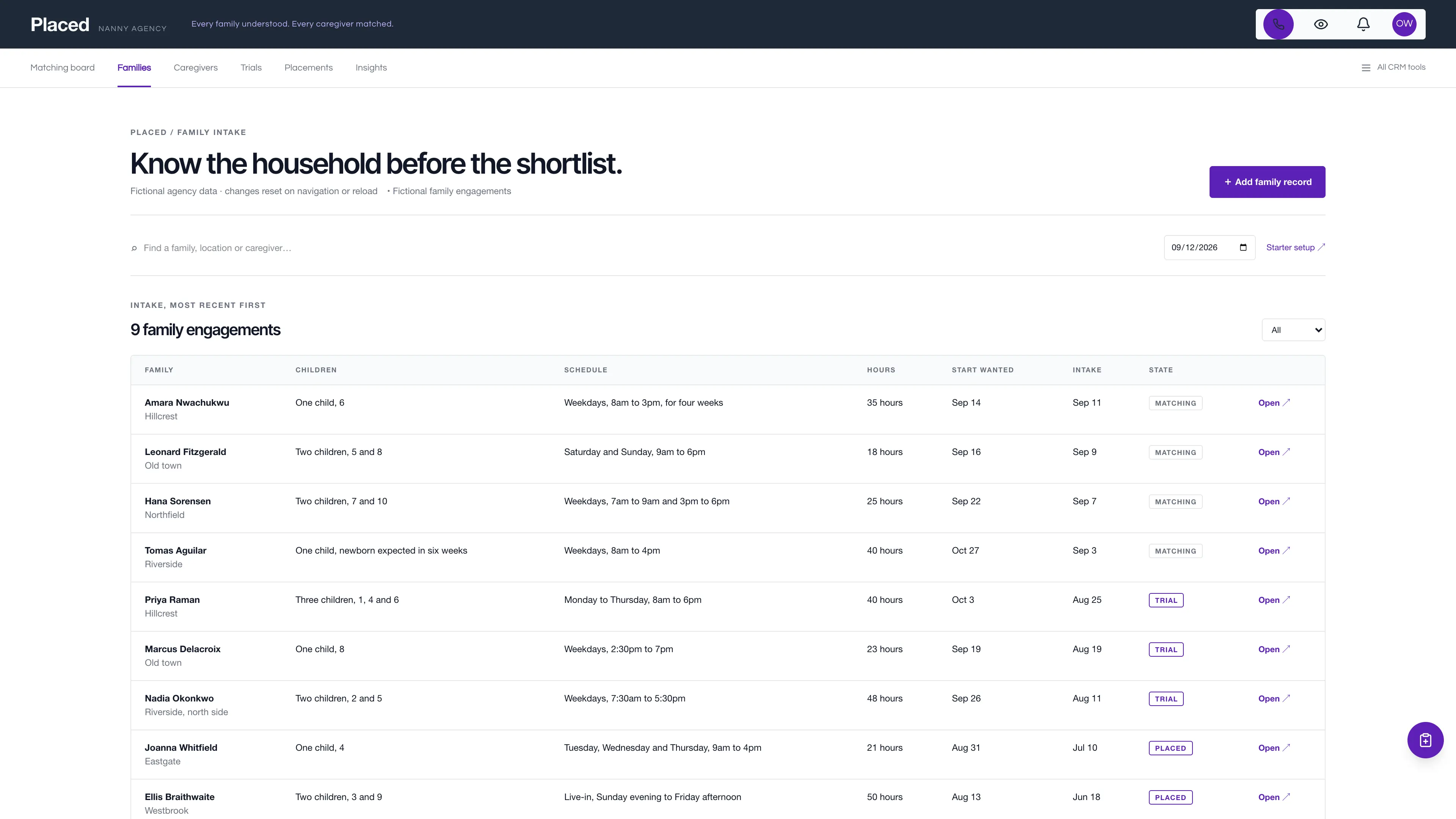 Family intake in the GoSeedly Nanny Service Kit with fictional sample records