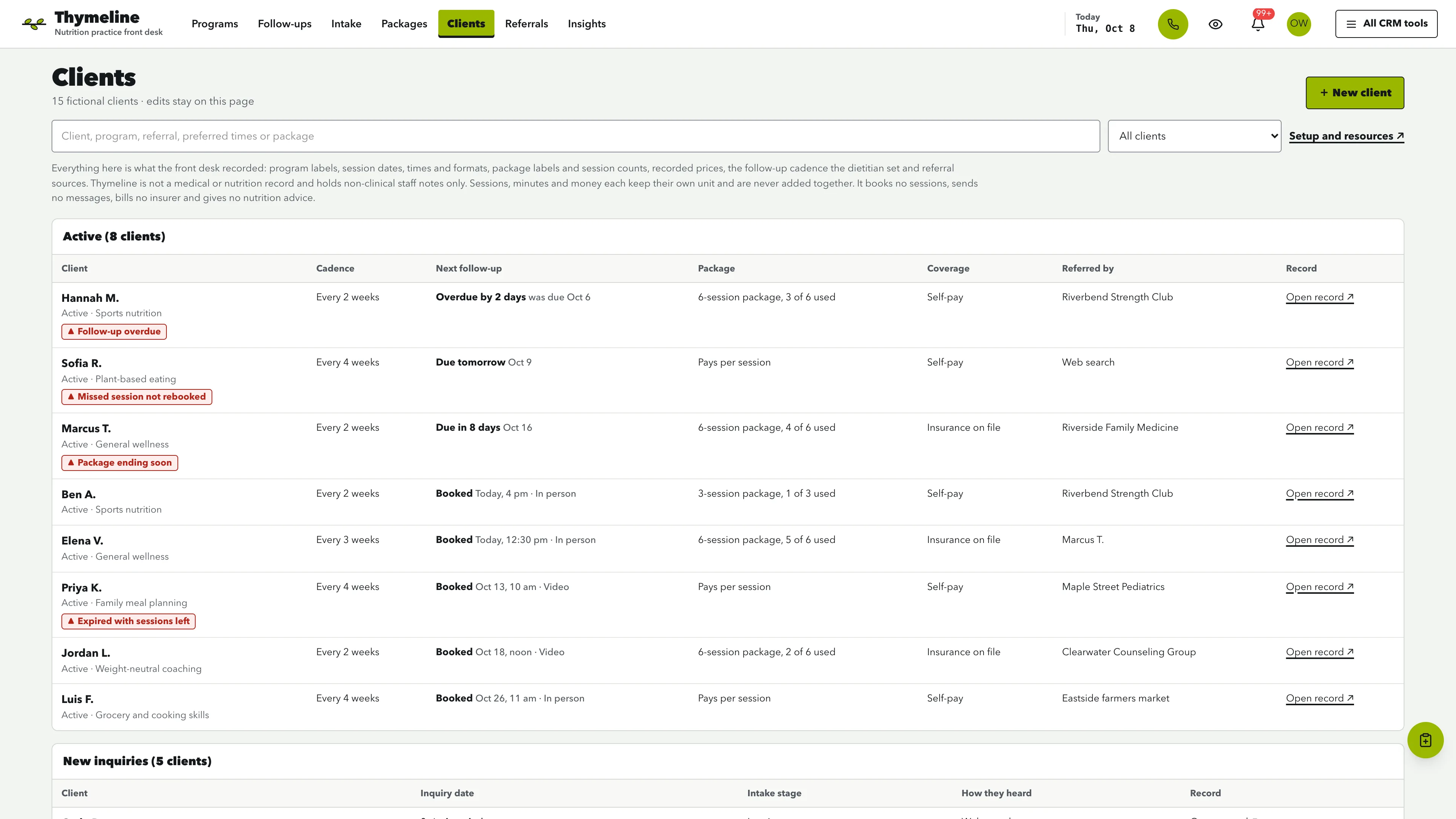 Clients in the GoSeedly Dietitian & Nutrition Practice Kit with fictional sample records