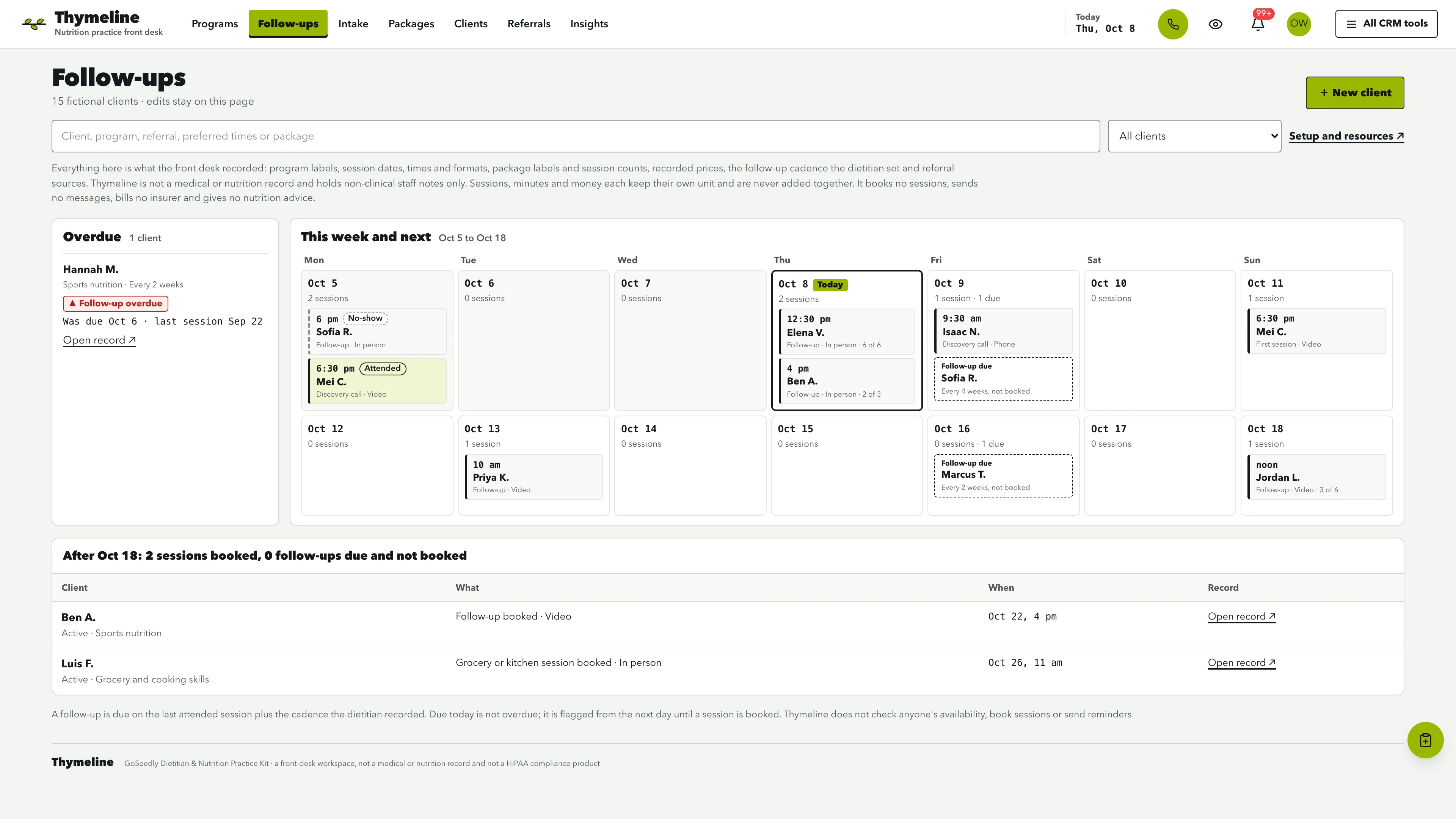 Follow-ups in the GoSeedly Dietitian & Nutrition Practice Kit with fictional sample records