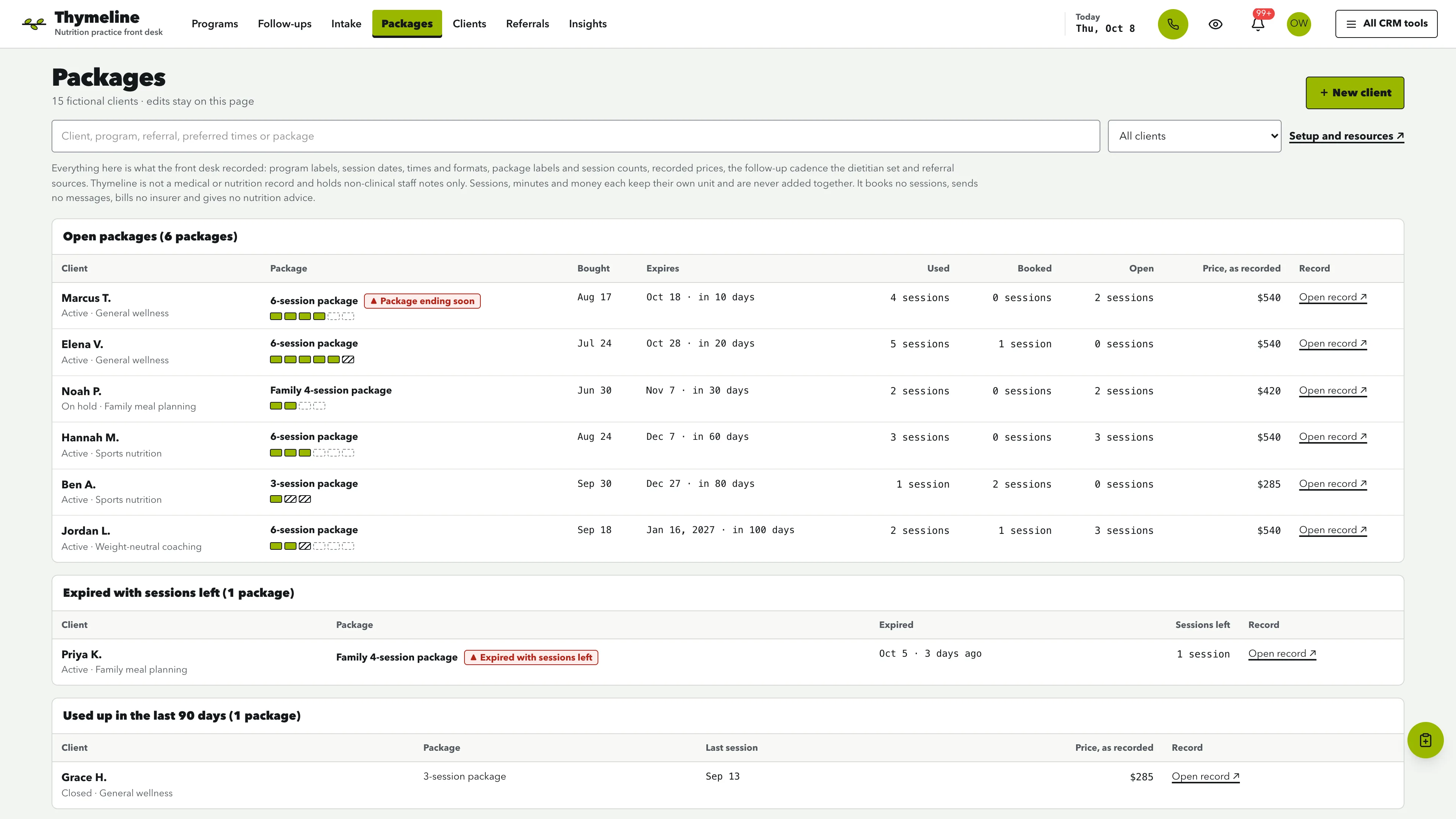 Packages in the GoSeedly Dietitian & Nutrition Practice Kit with fictional sample records