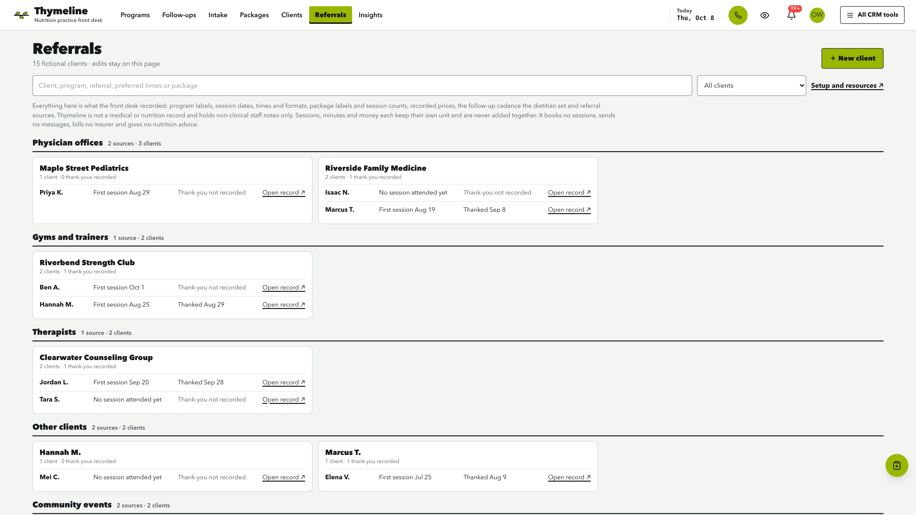 Referrals in the GoSeedly Dietitian & Nutrition Practice Kit with fictional sample records