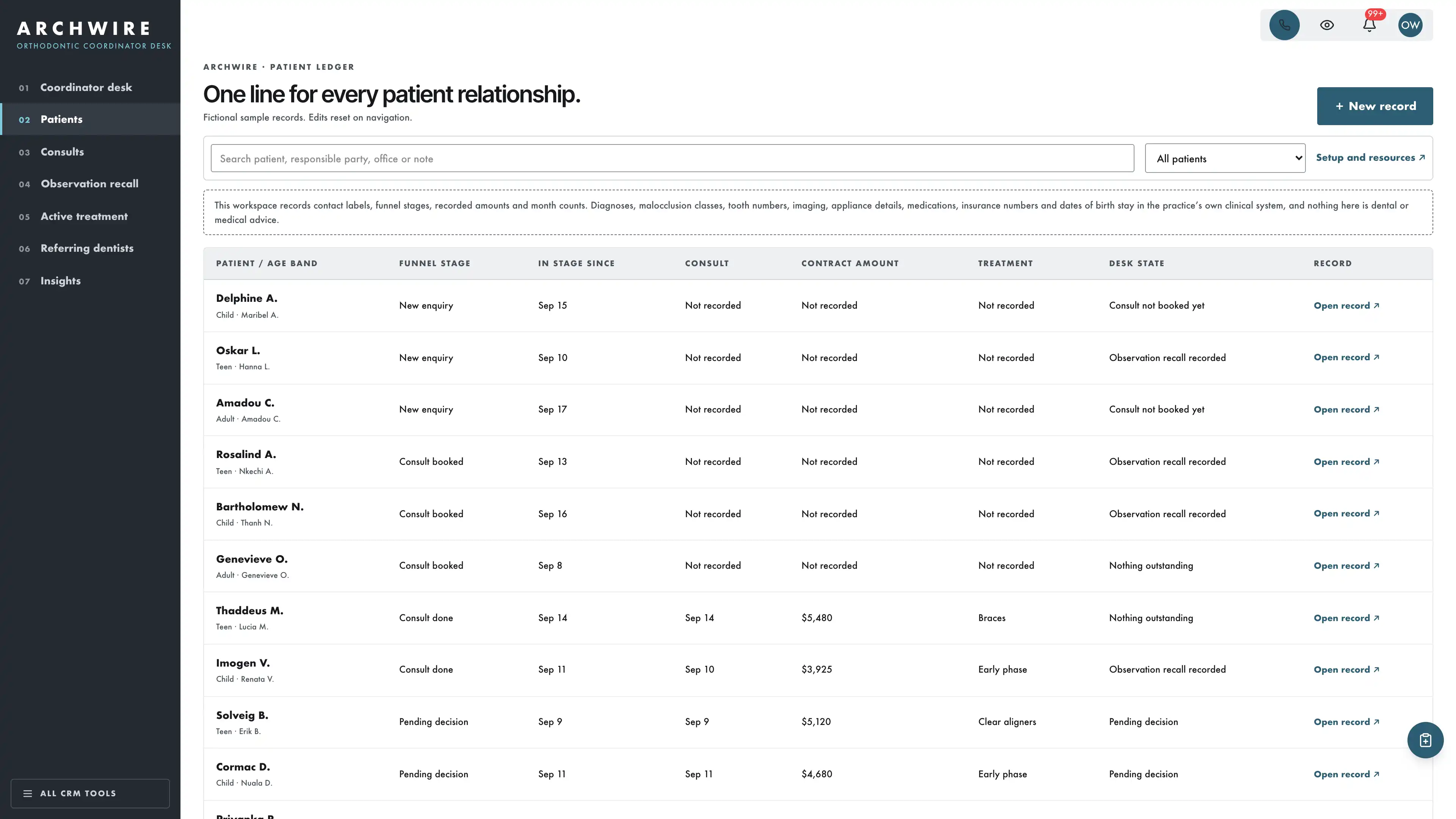 Patients in the GoSeedly Orthodontics Kit with fictional sample records