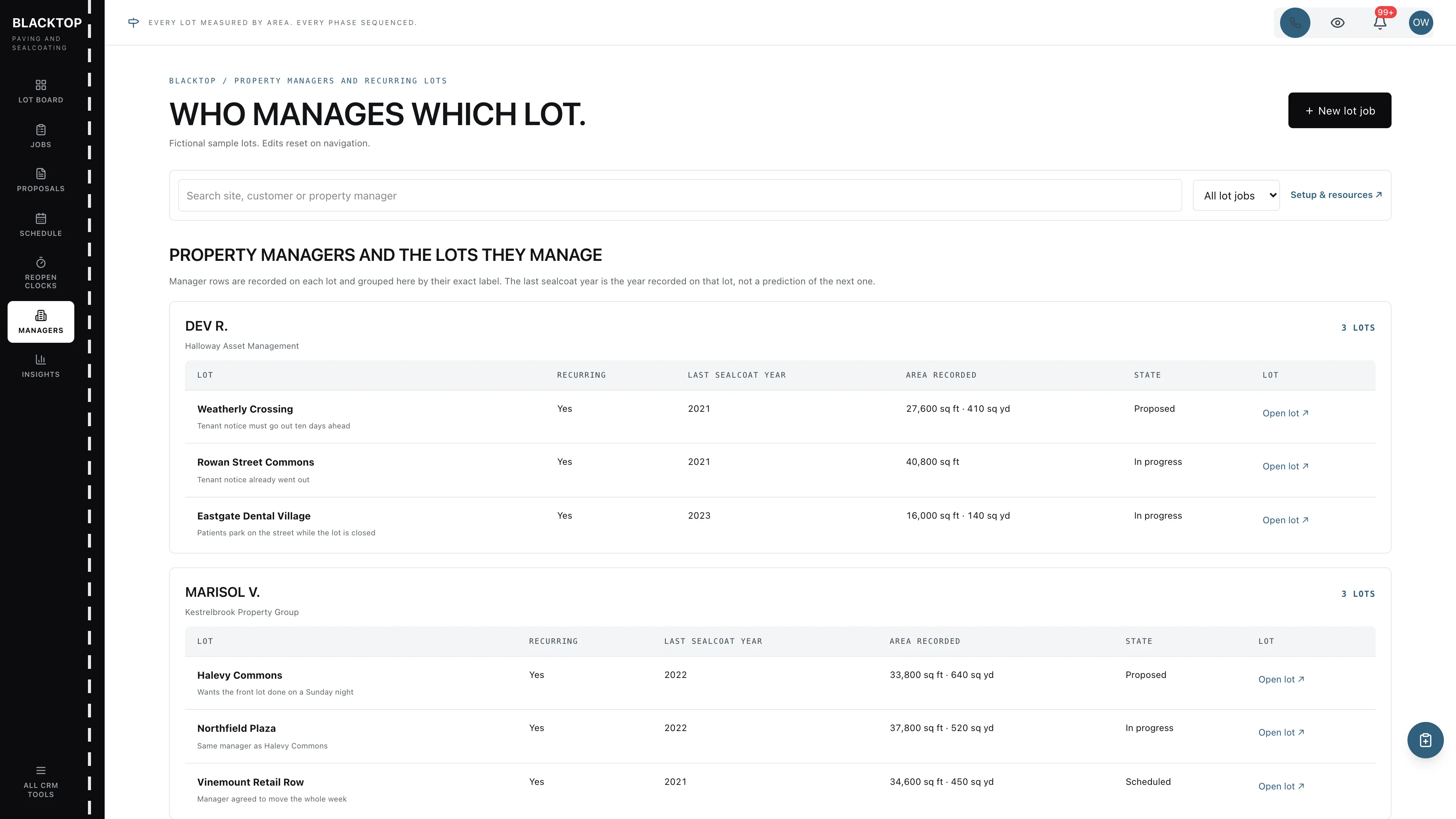 Property managers in the GoSeedly Paving & Sealcoating Kit with fictional sample records