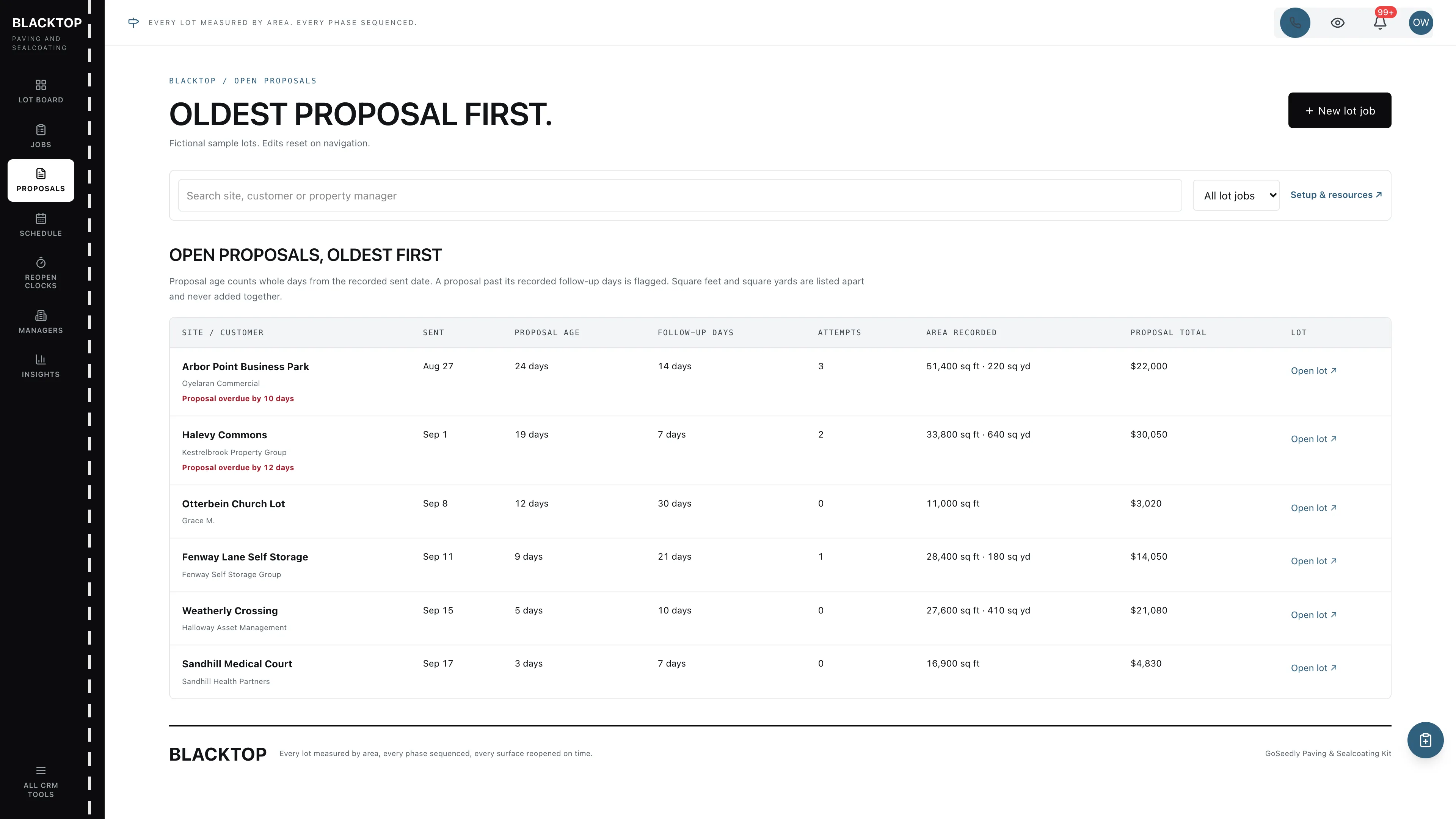 Proposals in the GoSeedly Paving & Sealcoating Kit with fictional sample records