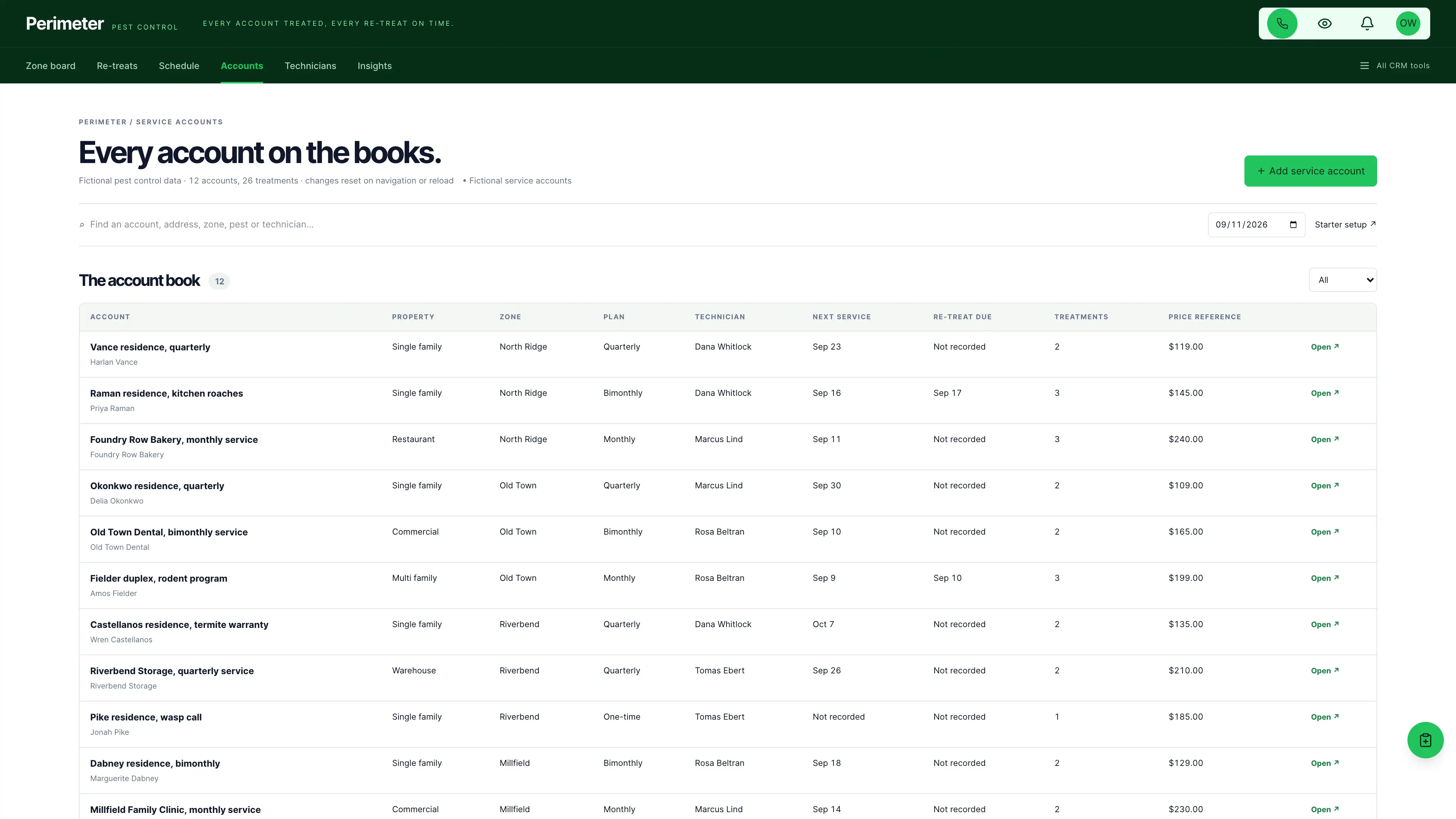 Account book in the GoSeedly Pest Control Kit with fictional sample records