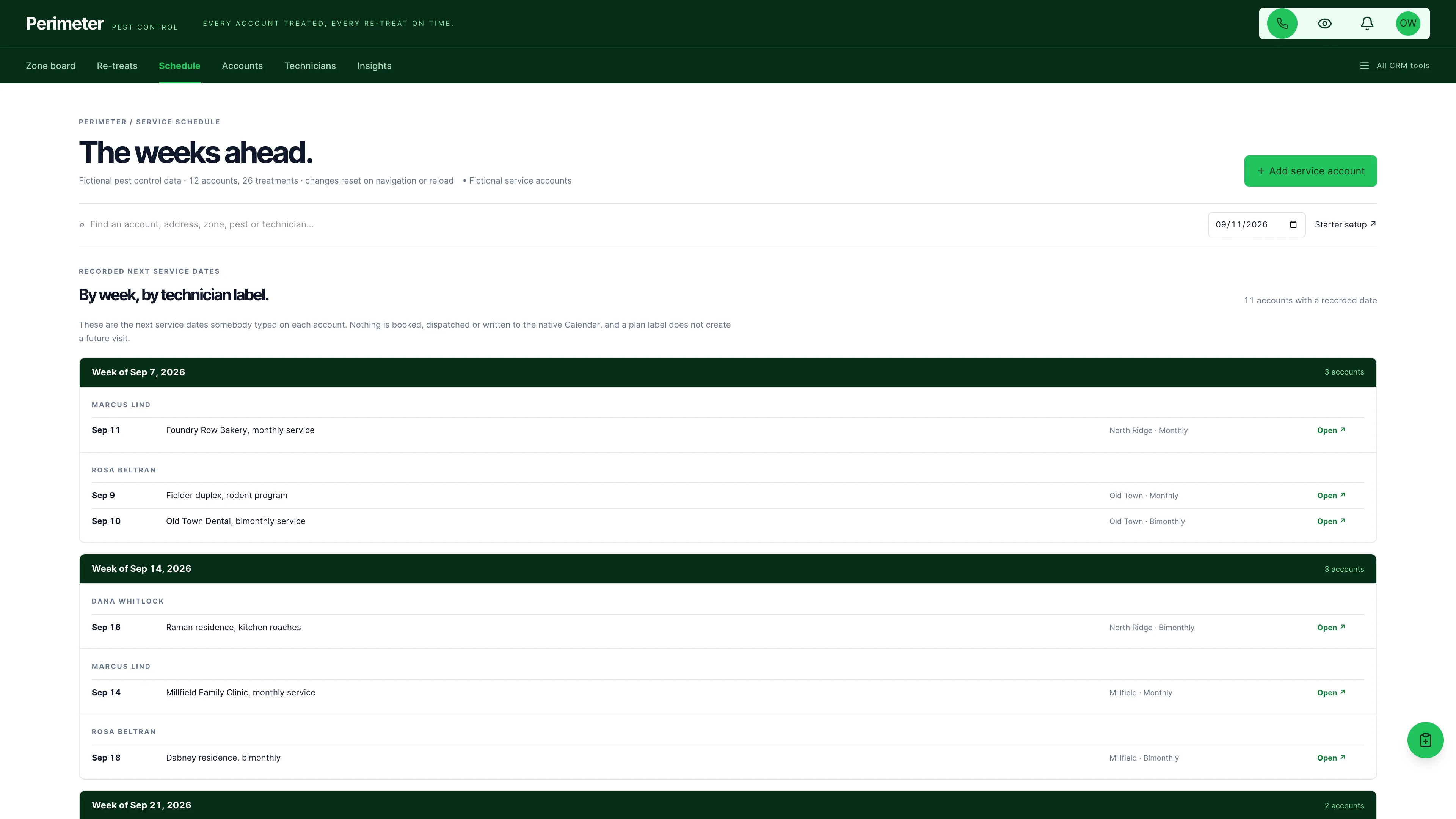 Service schedule in the GoSeedly Pest Control Kit with fictional sample records