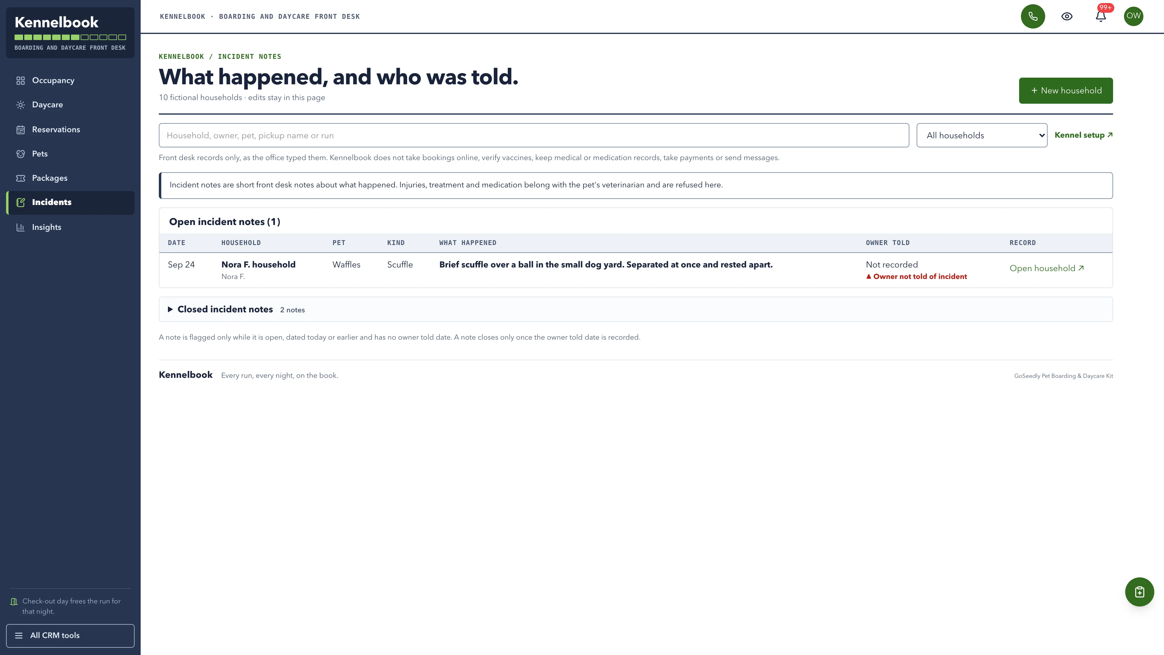 Incidents in the GoSeedly Pet Boarding & Daycare Kit with fictional sample records