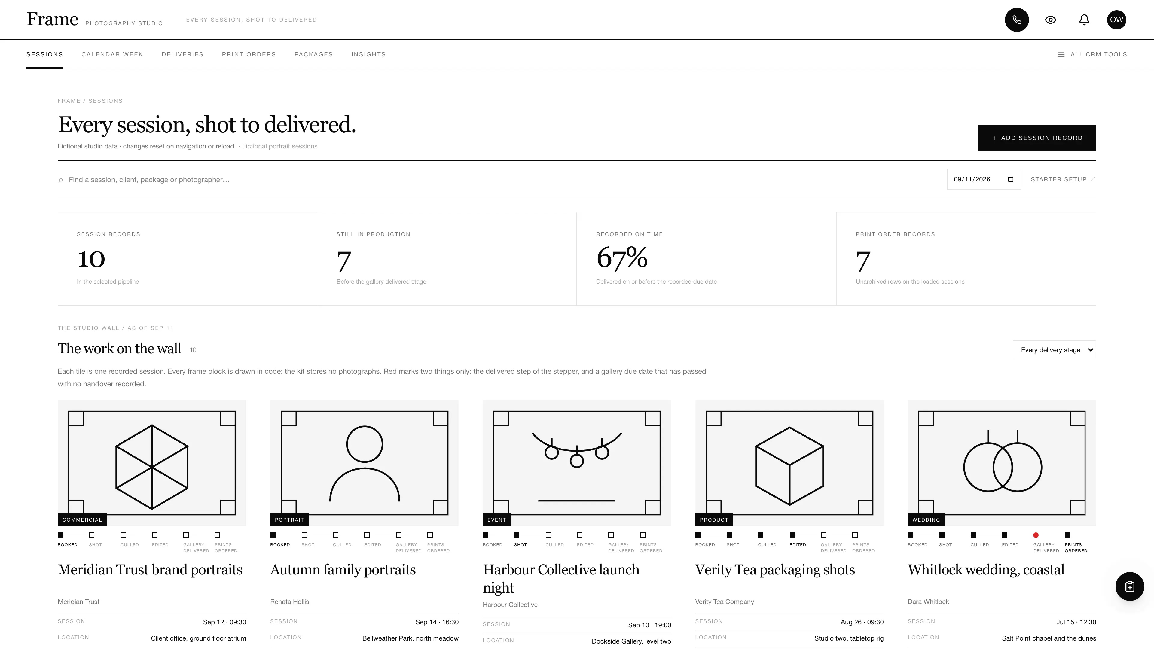 Frame studio wall of monochrome session tiles, each with a code-drawn frame mark, a session type glyph and a six-step delivery stepper, using fictional sample data