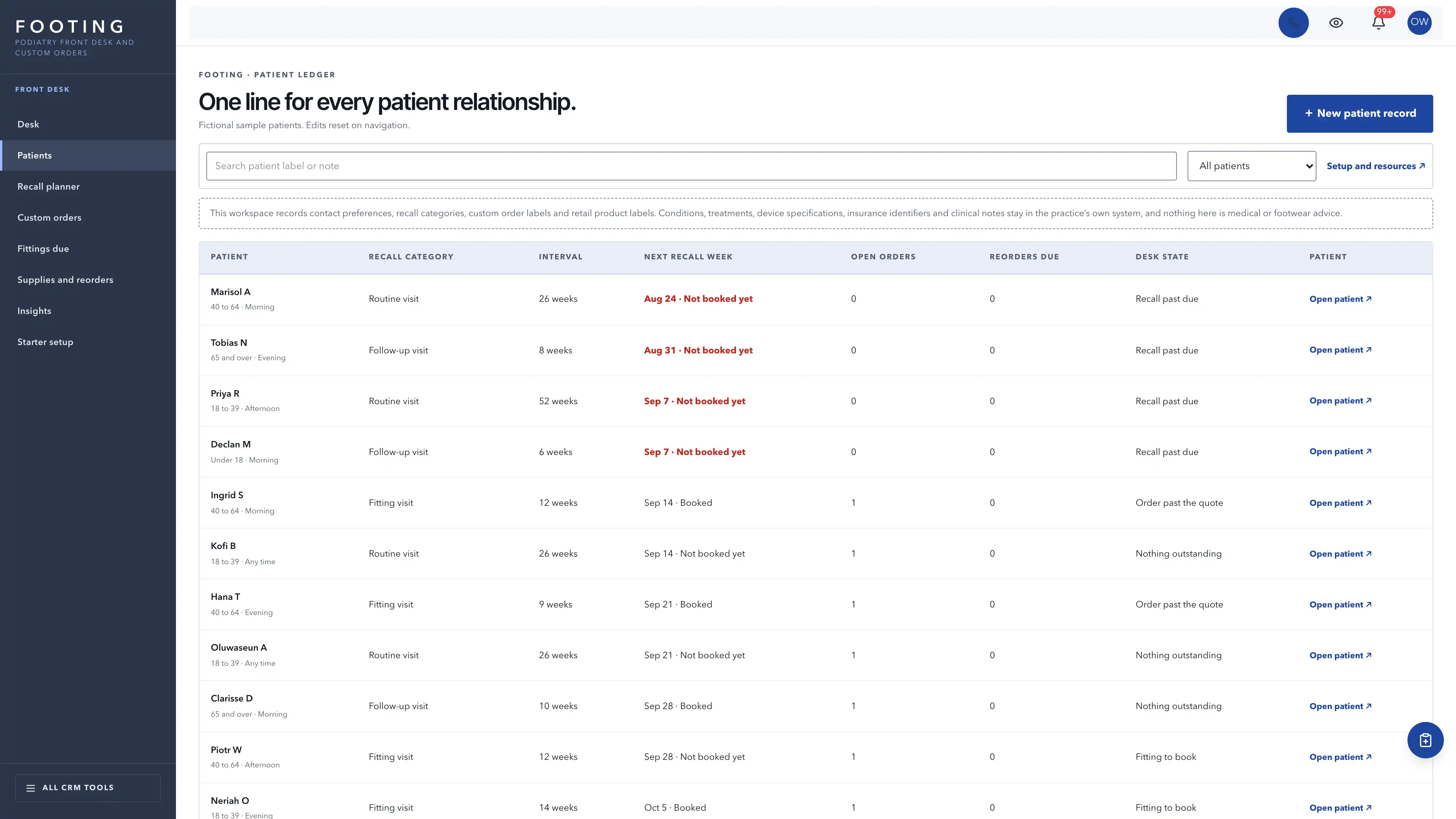 Patients in the GoSeedly Podiatry Kit with fictional sample records
