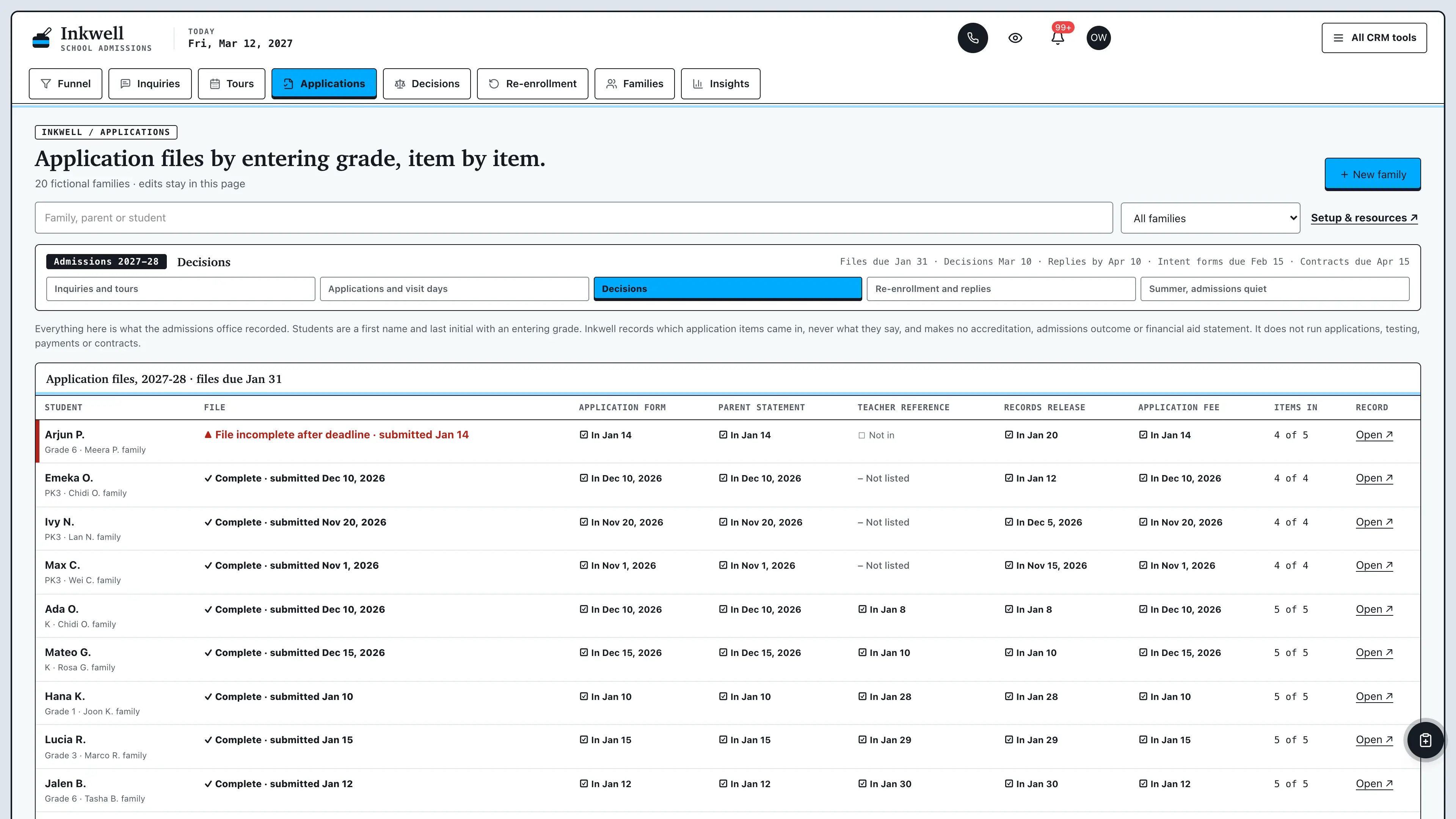Applications in the GoSeedly Private School Admissions Kit with fictional sample records