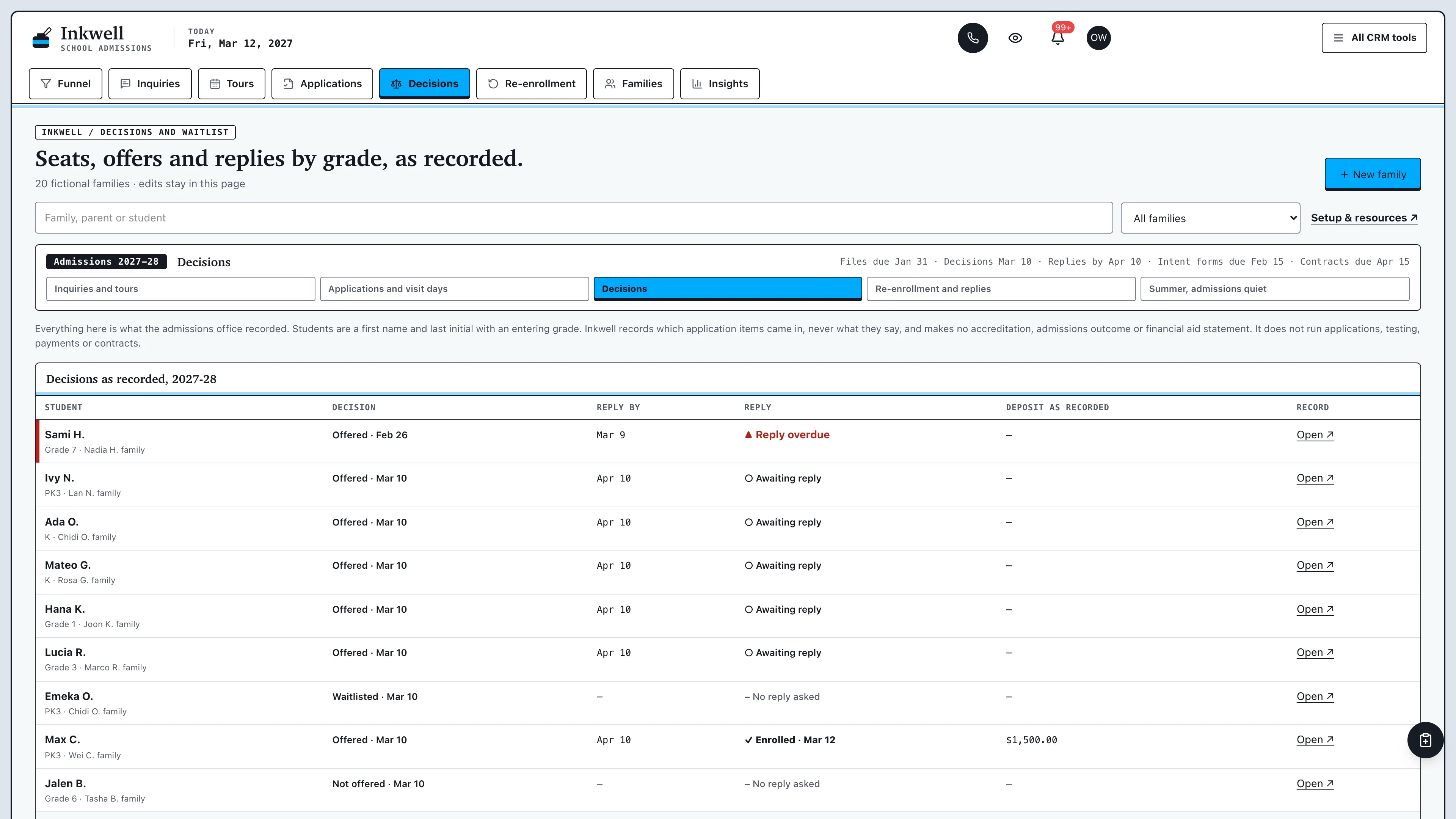 Decisions in the GoSeedly Private School Admissions Kit with fictional sample records