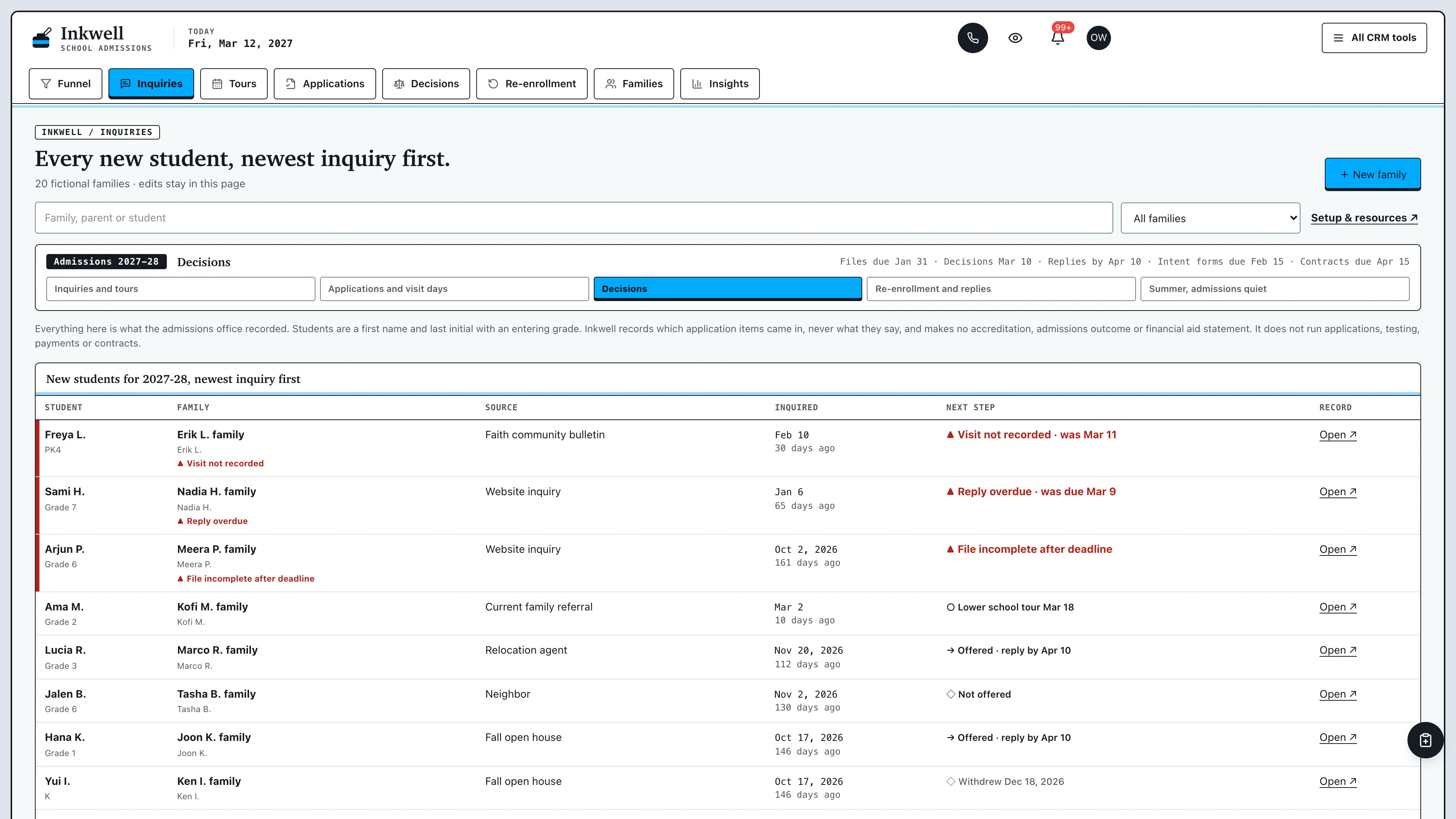 Inquiries in the GoSeedly Private School Admissions Kit with fictional sample records
