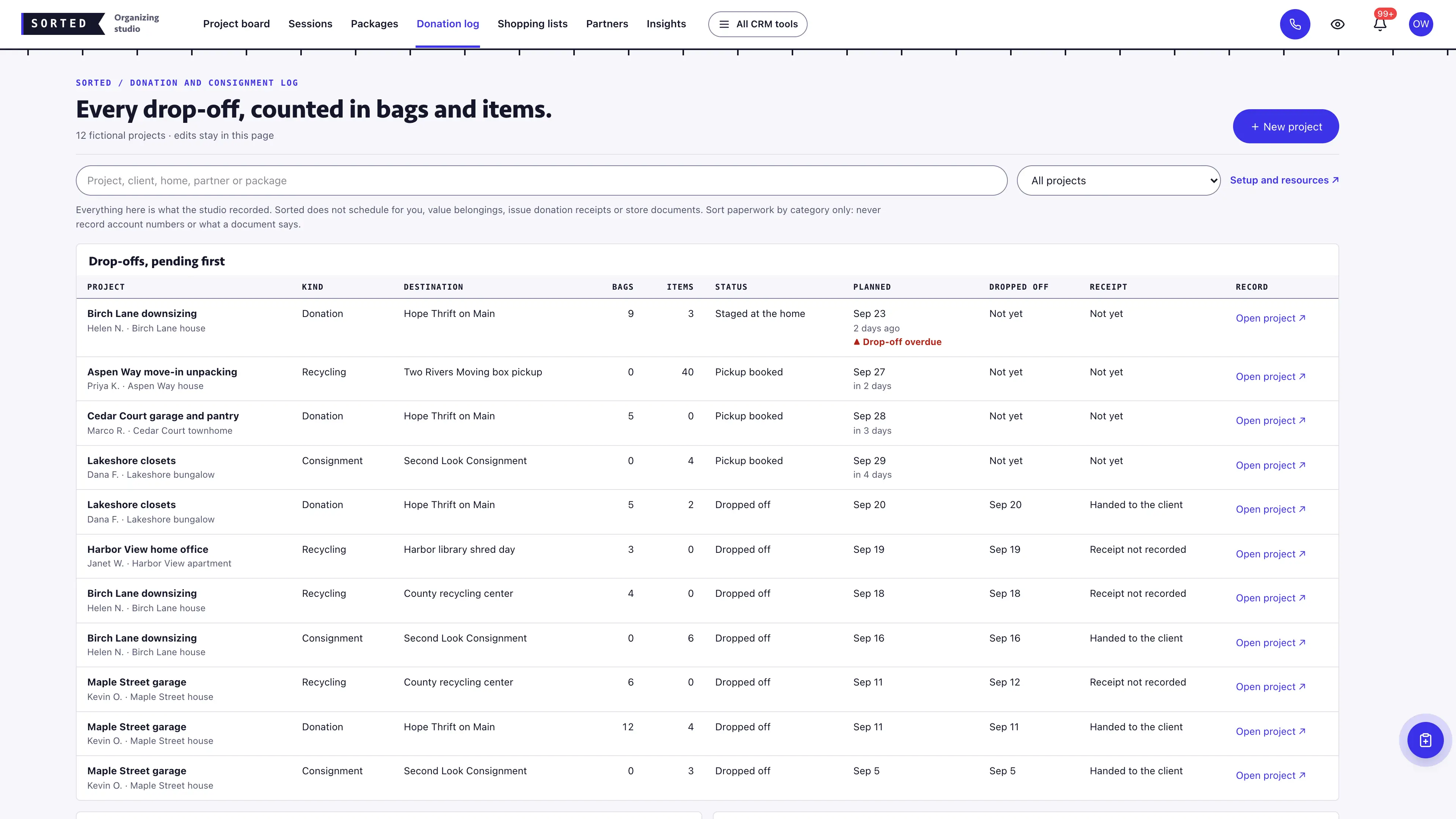 Donation log in the GoSeedly Professional Organizer Kit with fictional sample records