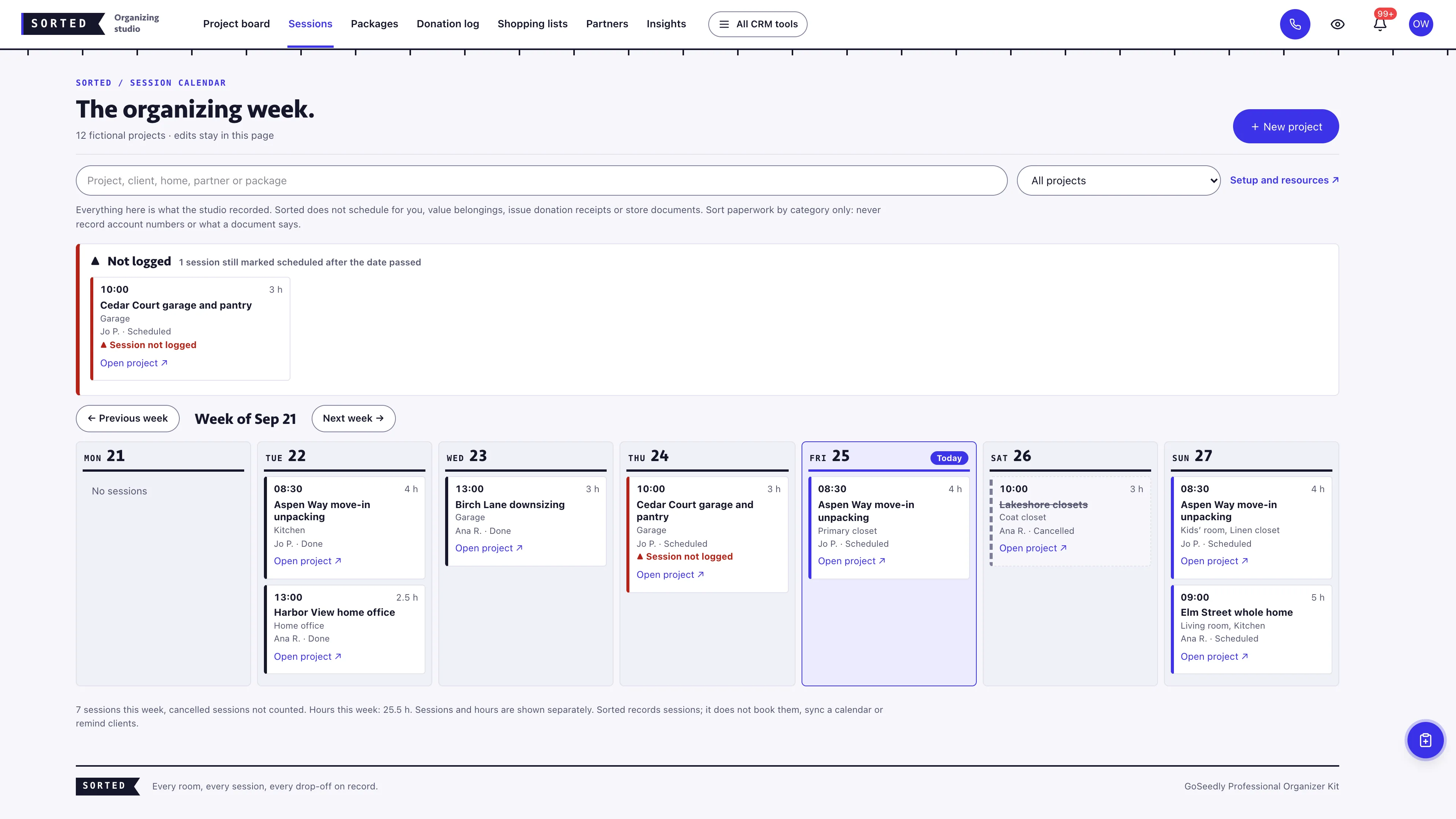 Sessions in the GoSeedly Professional Organizer Kit with fictional sample records