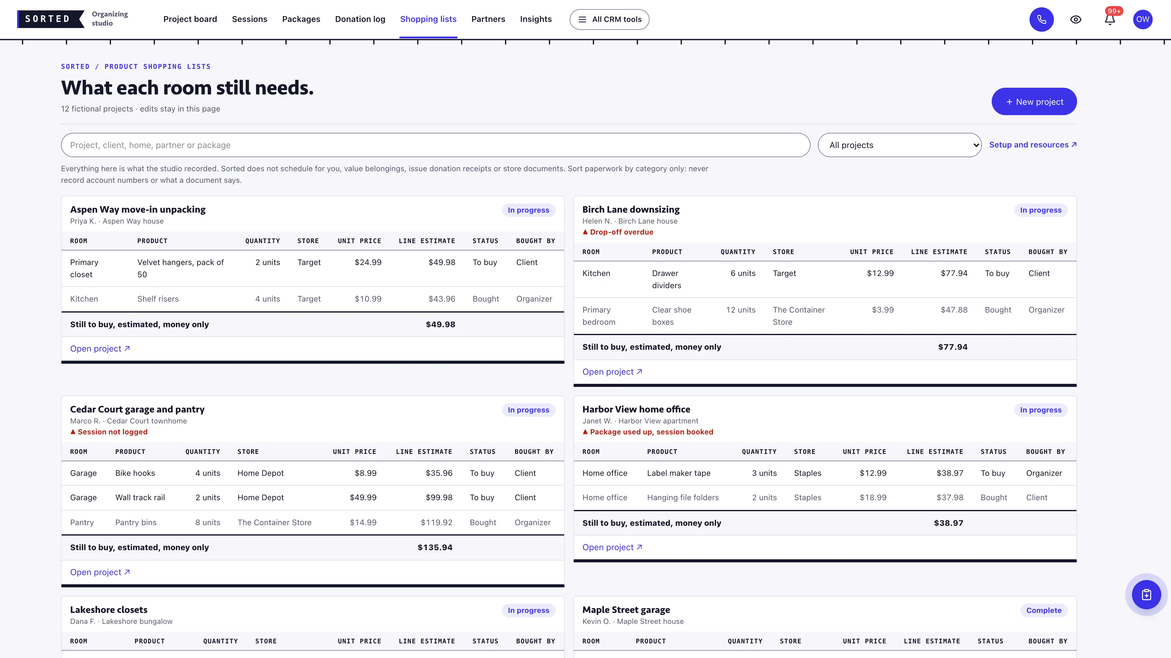 Shopping lists in the GoSeedly Professional Organizer Kit with fictional sample records