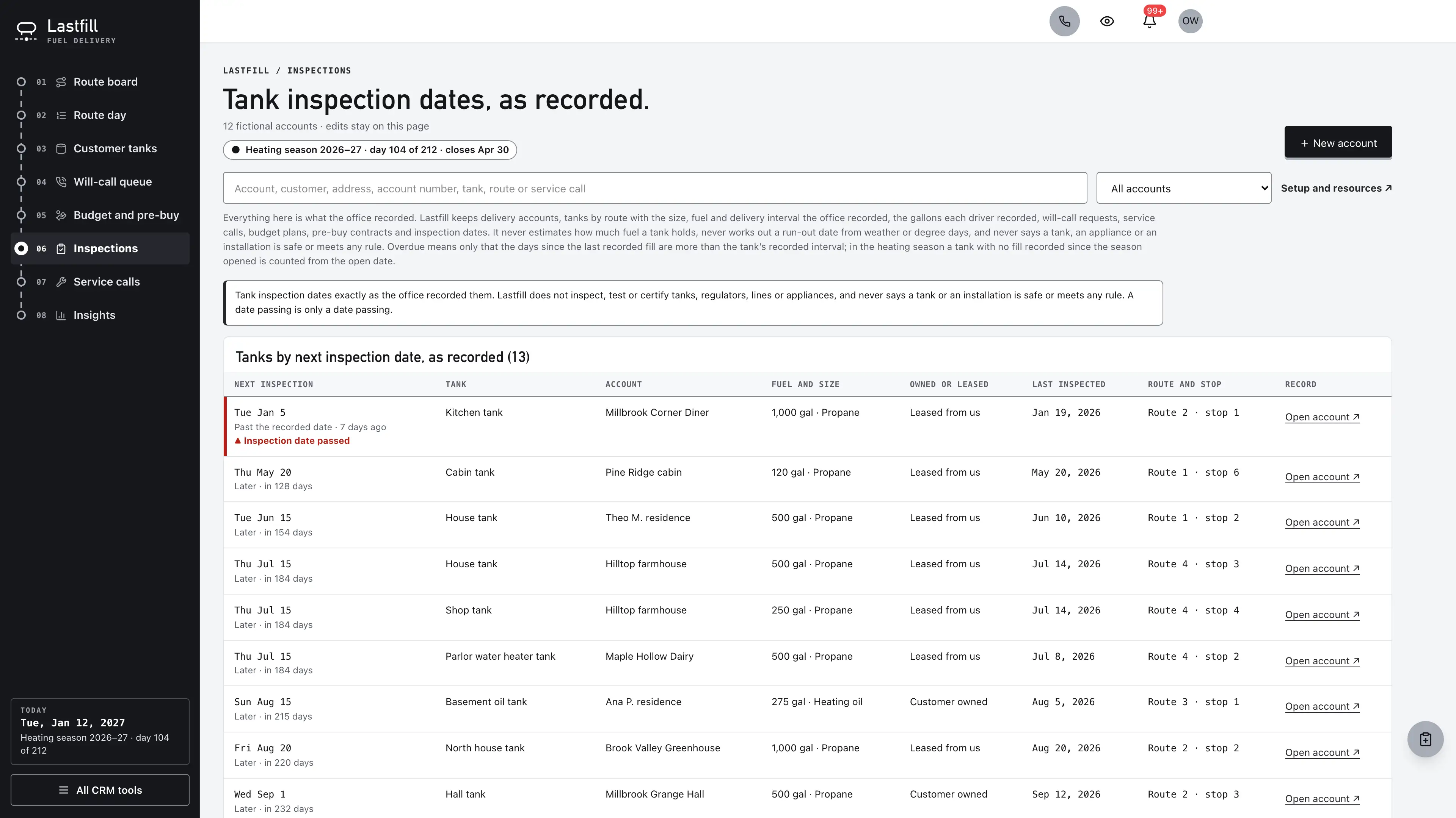 Inspections in the GoSeedly Propane & Heating Oil Delivery Kit with fictional sample records