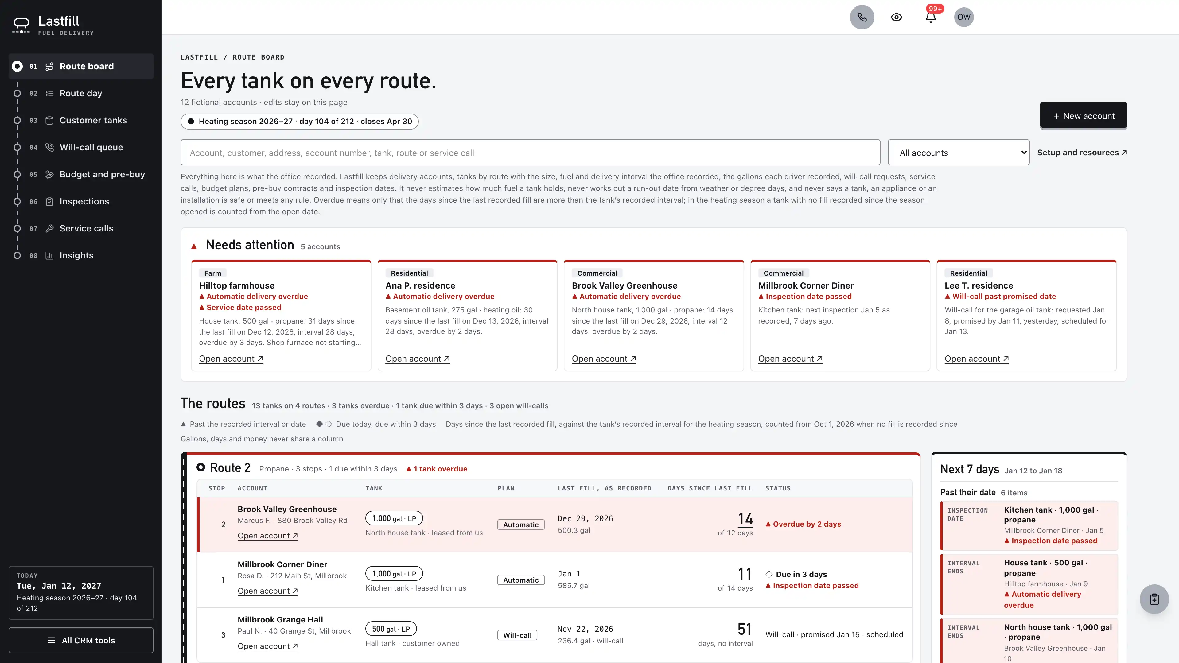 Route board in the GoSeedly Propane & Heating Oil Delivery Kit with fictional sample records