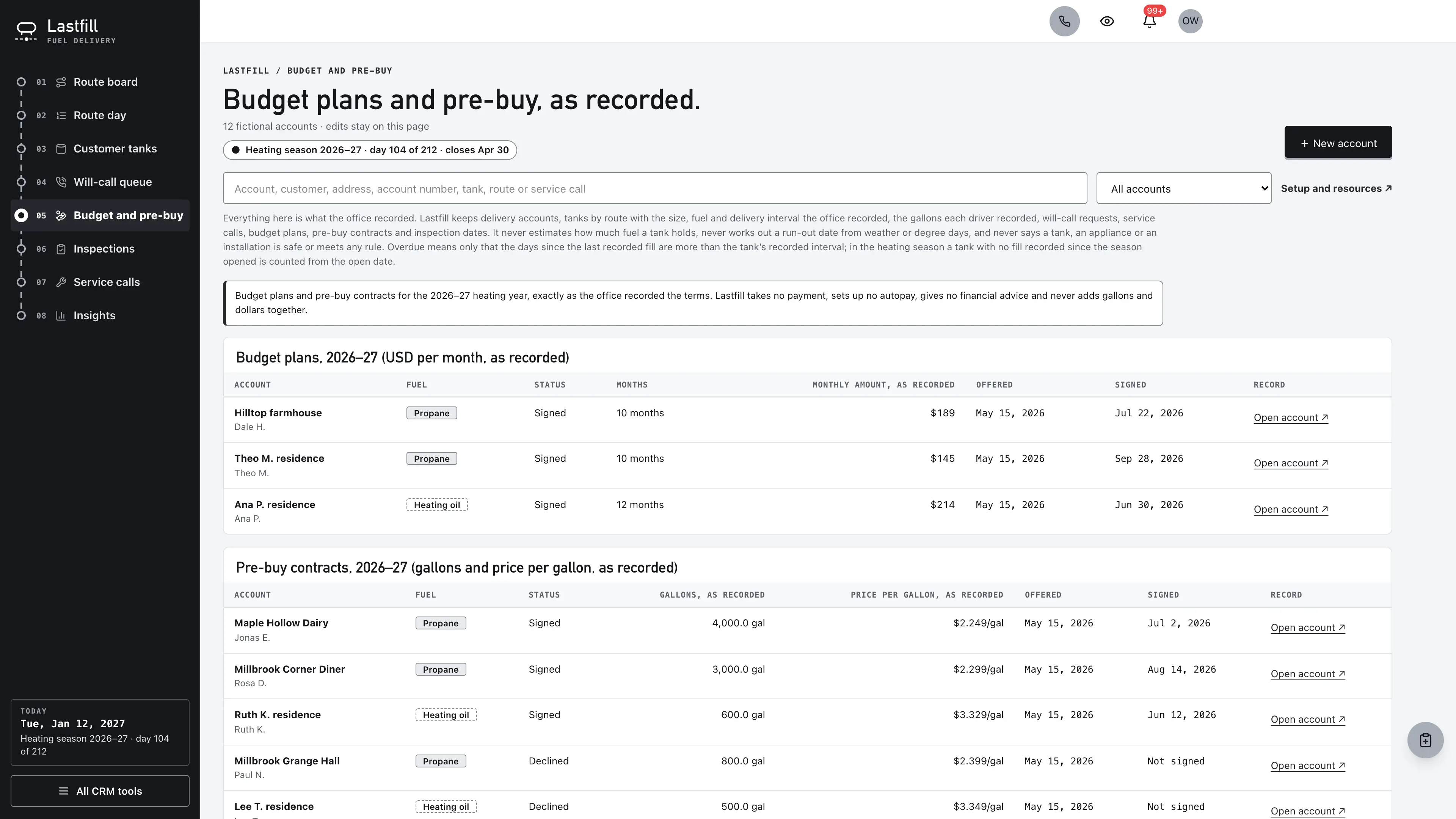 Budget and pre-buy in the GoSeedly Propane & Heating Oil Delivery Kit with fictional sample records