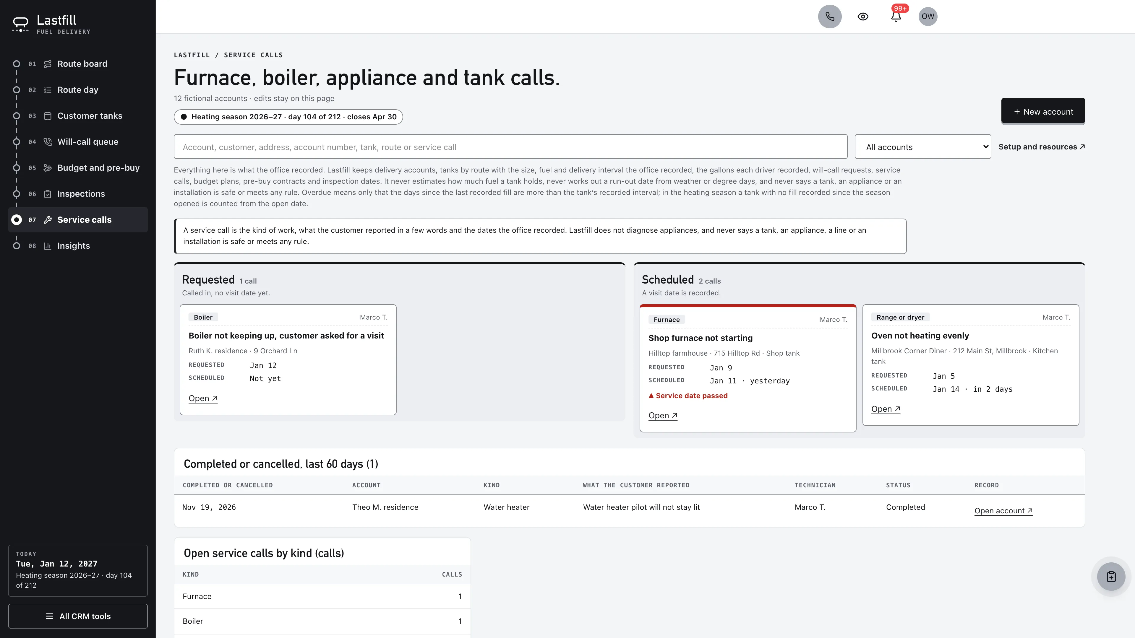 Service calls in the GoSeedly Propane & Heating Oil Delivery Kit with fictional sample records