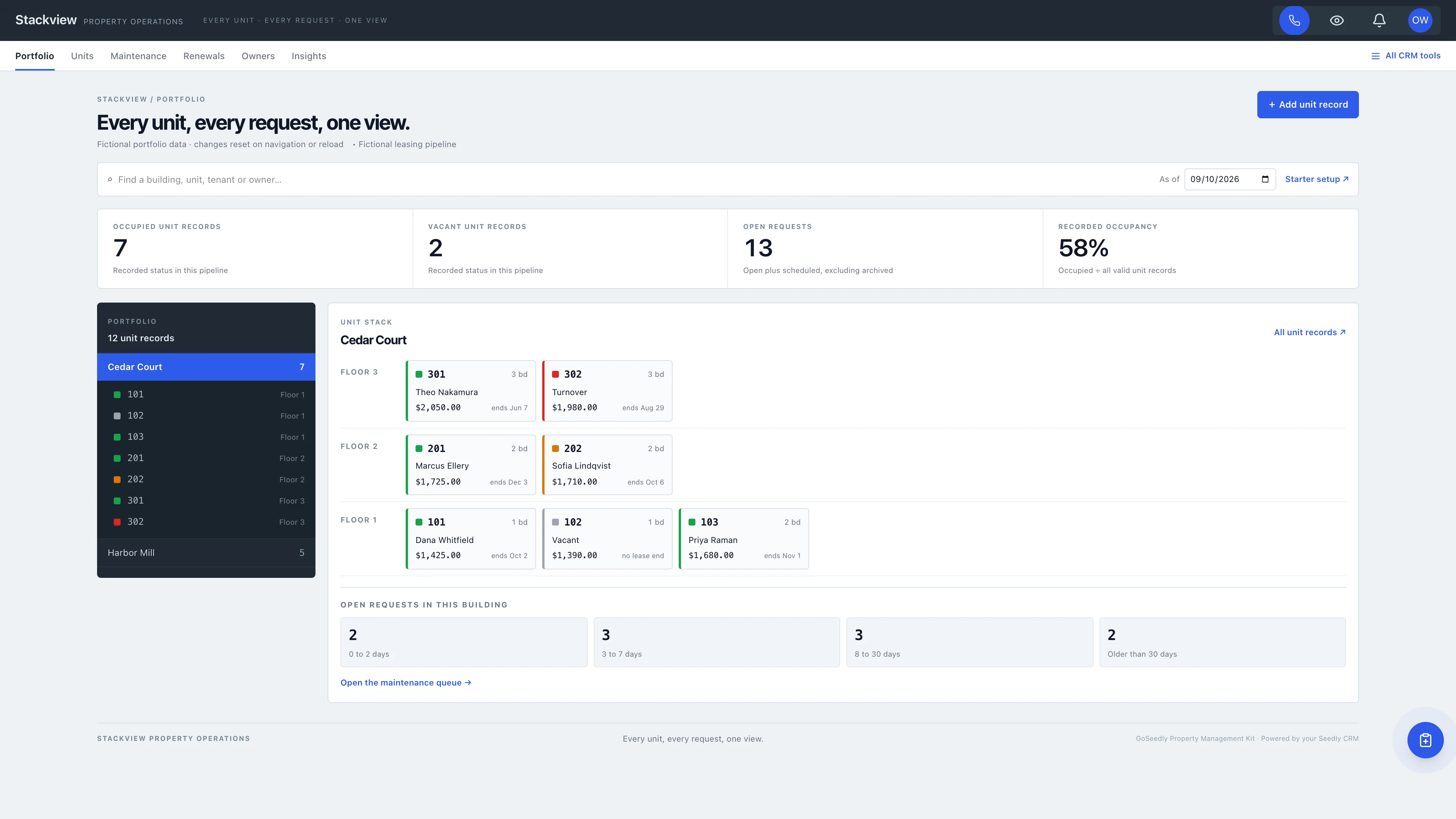 Stackview property management portfolio with a graphite building tree, floor-ordered unit stack and request aging summary using fictional sample data
