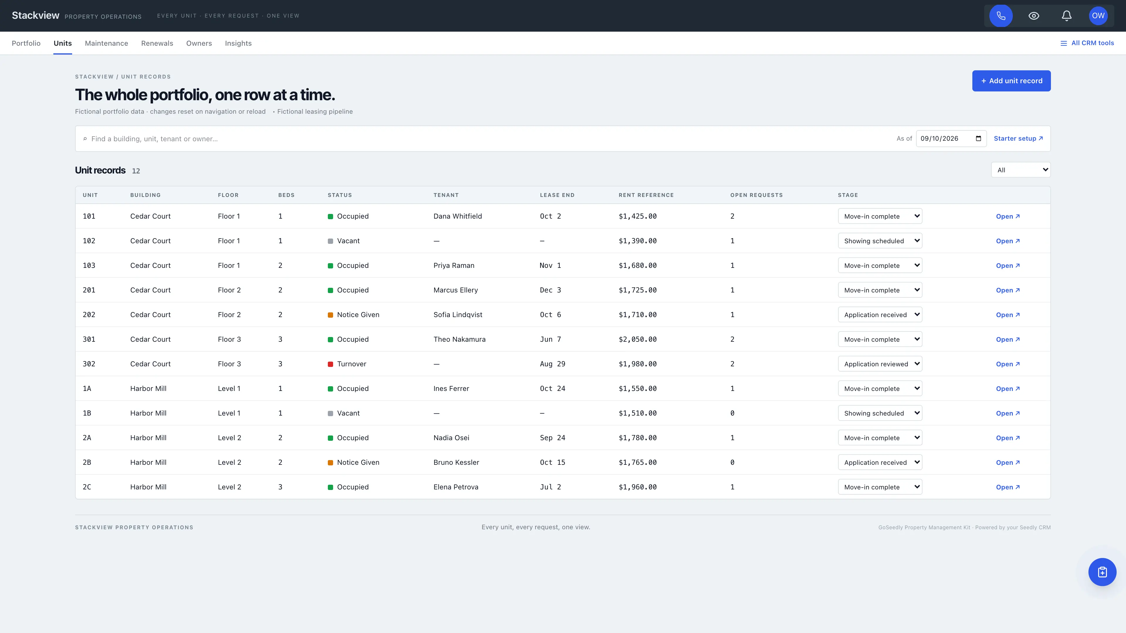 Unit records in the GoSeedly Property Management Kit with fictional sample records