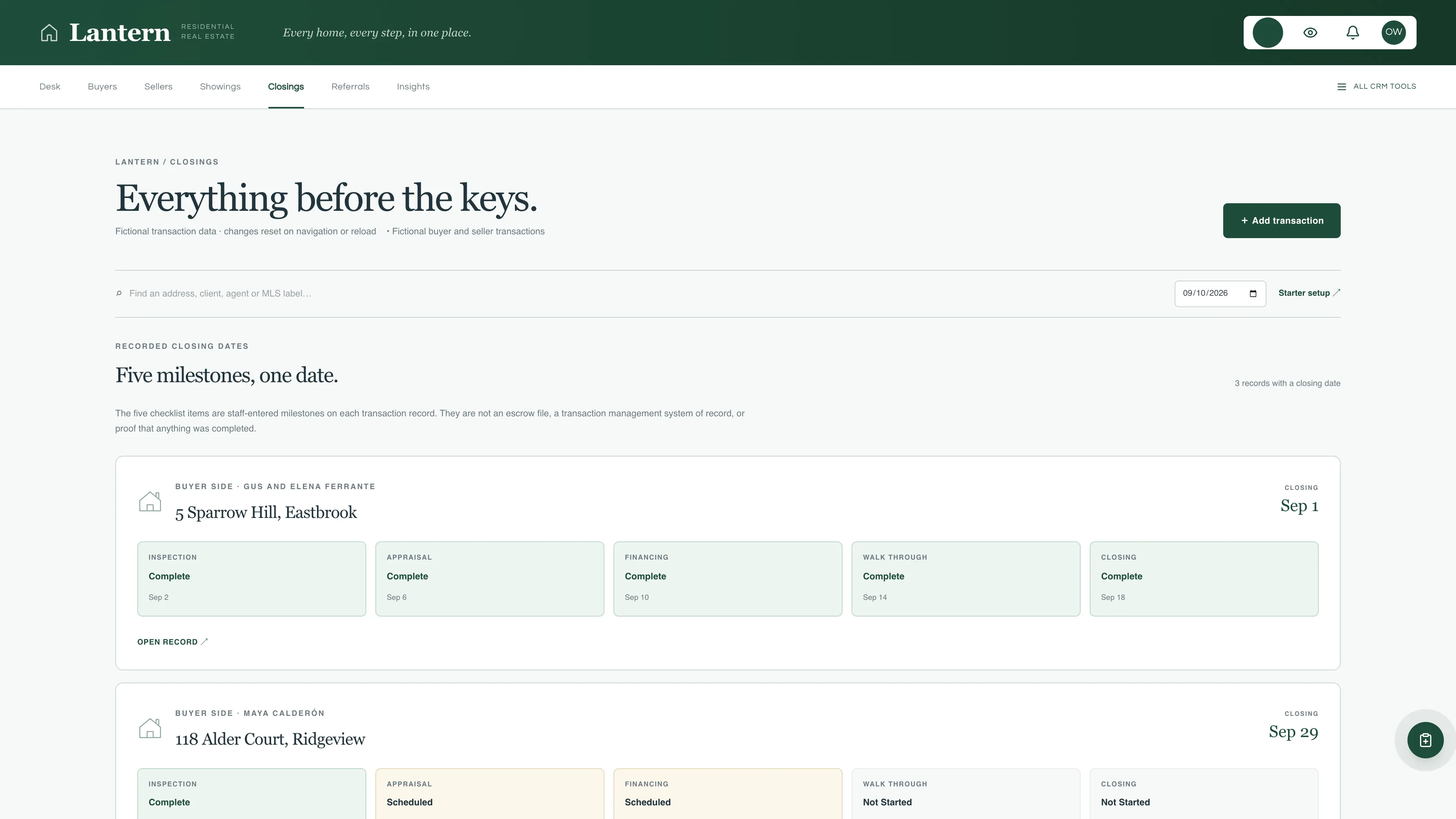 Closings in the GoSeedly Real Estate Agent Kit with fictional sample records