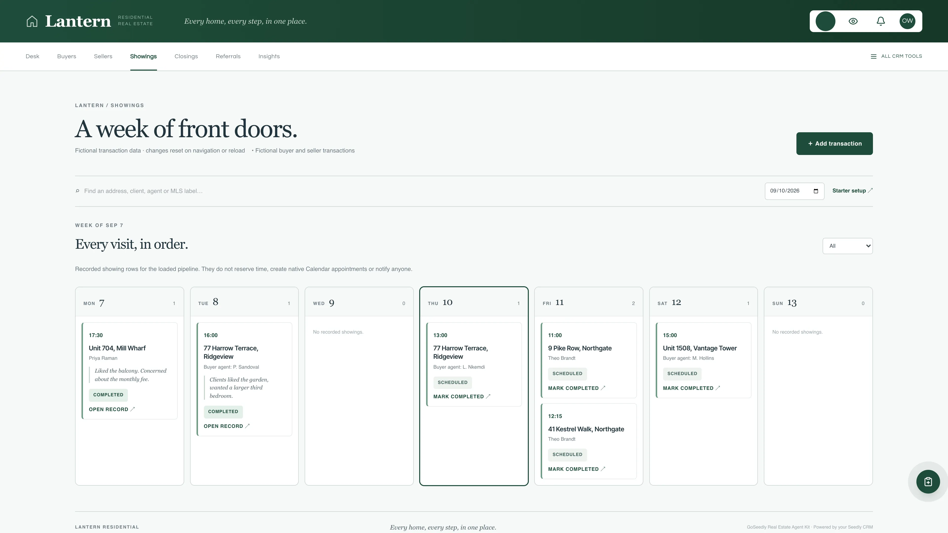 Showings in the GoSeedly Real Estate Agent Kit with fictional sample records