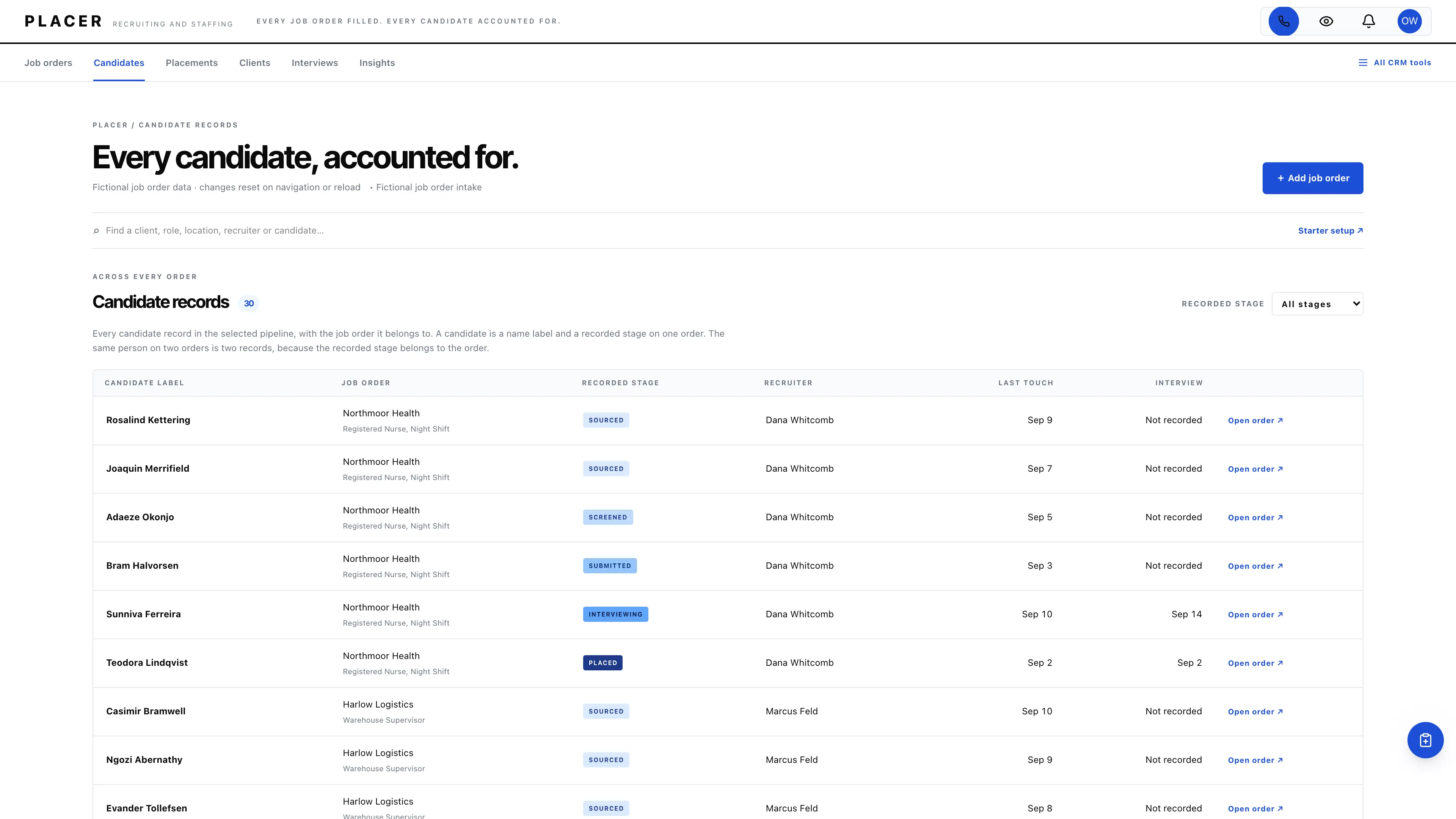 Candidates in the GoSeedly Recruiting & Staffing Kit with fictional sample records