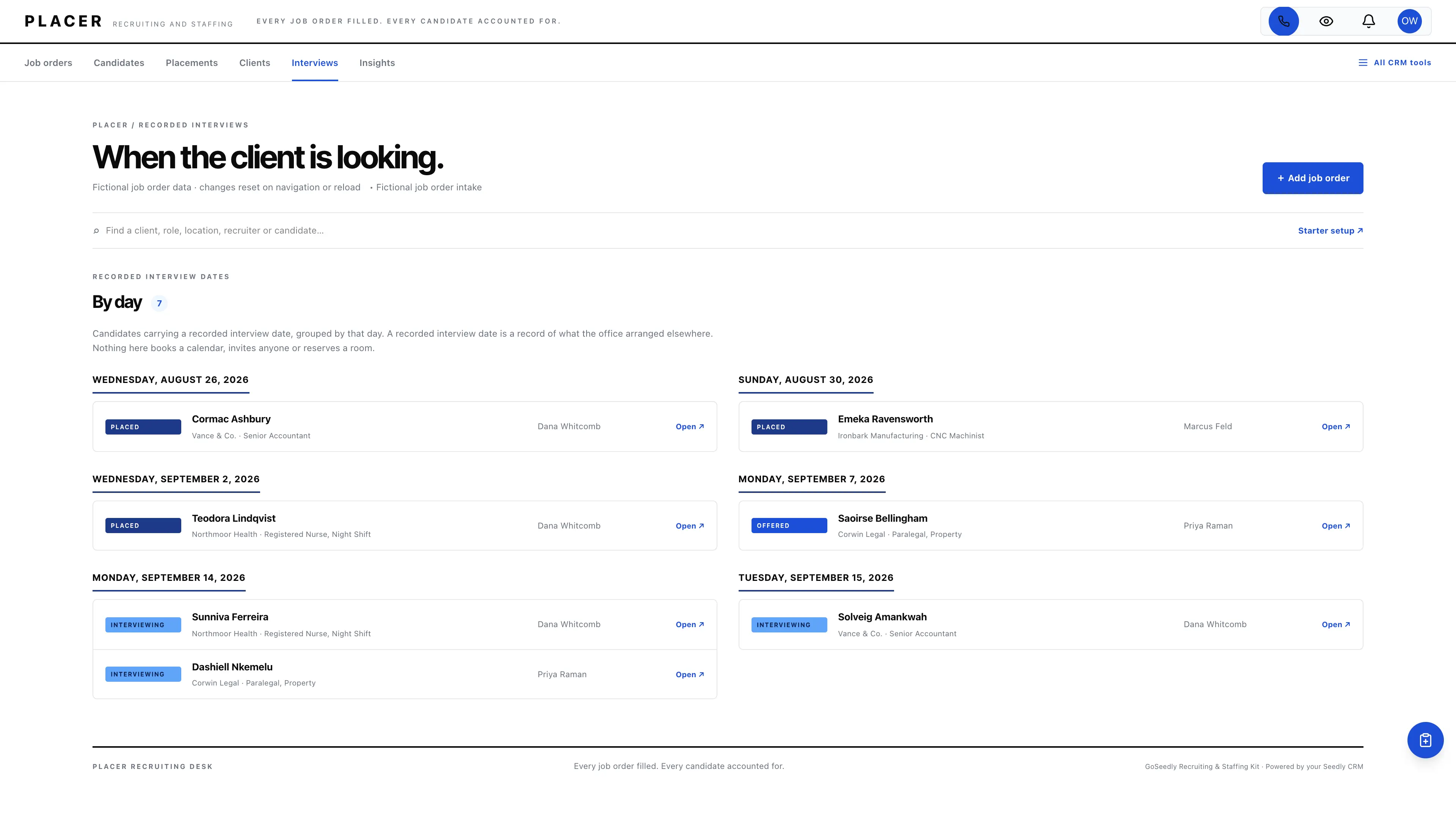 Interviews in the GoSeedly Recruiting & Staffing Kit with fictional sample records