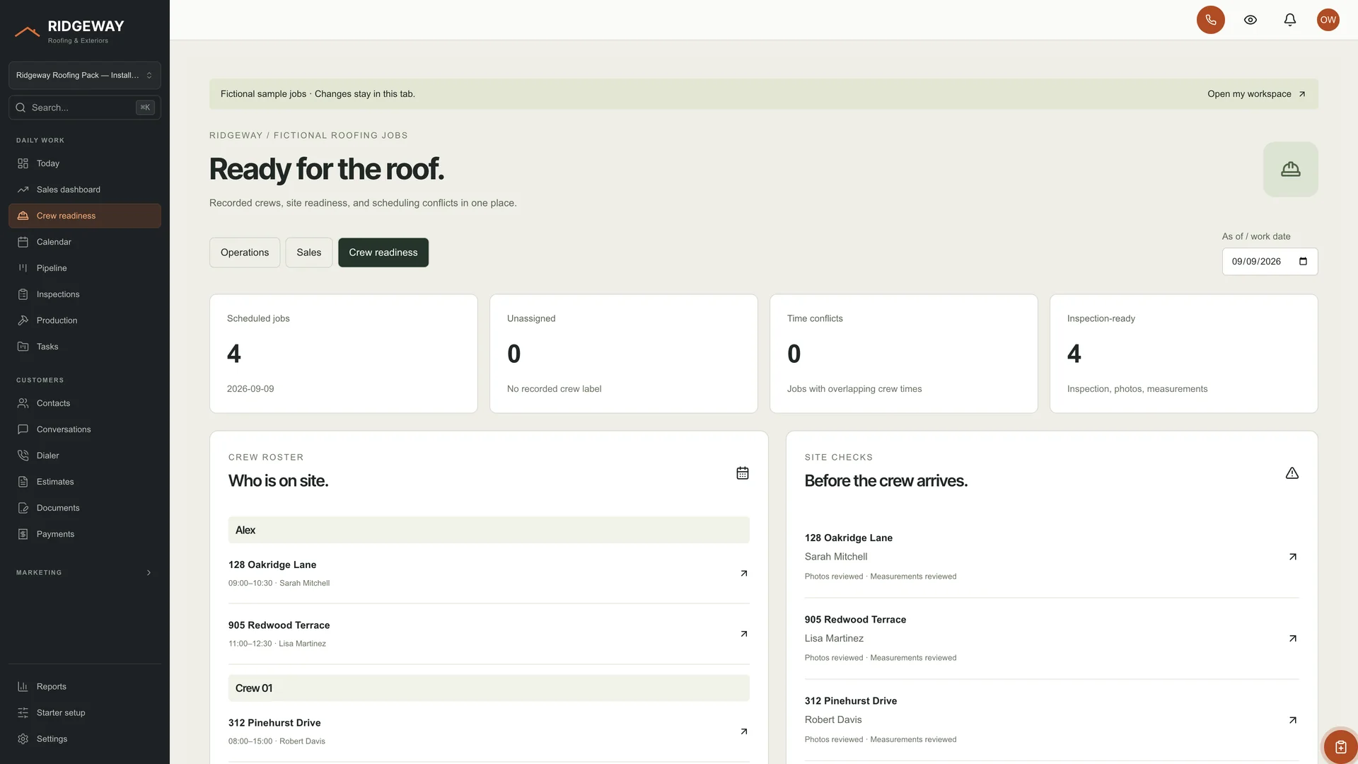Crew readiness in the GoSeedly Roofing Kit with sample data