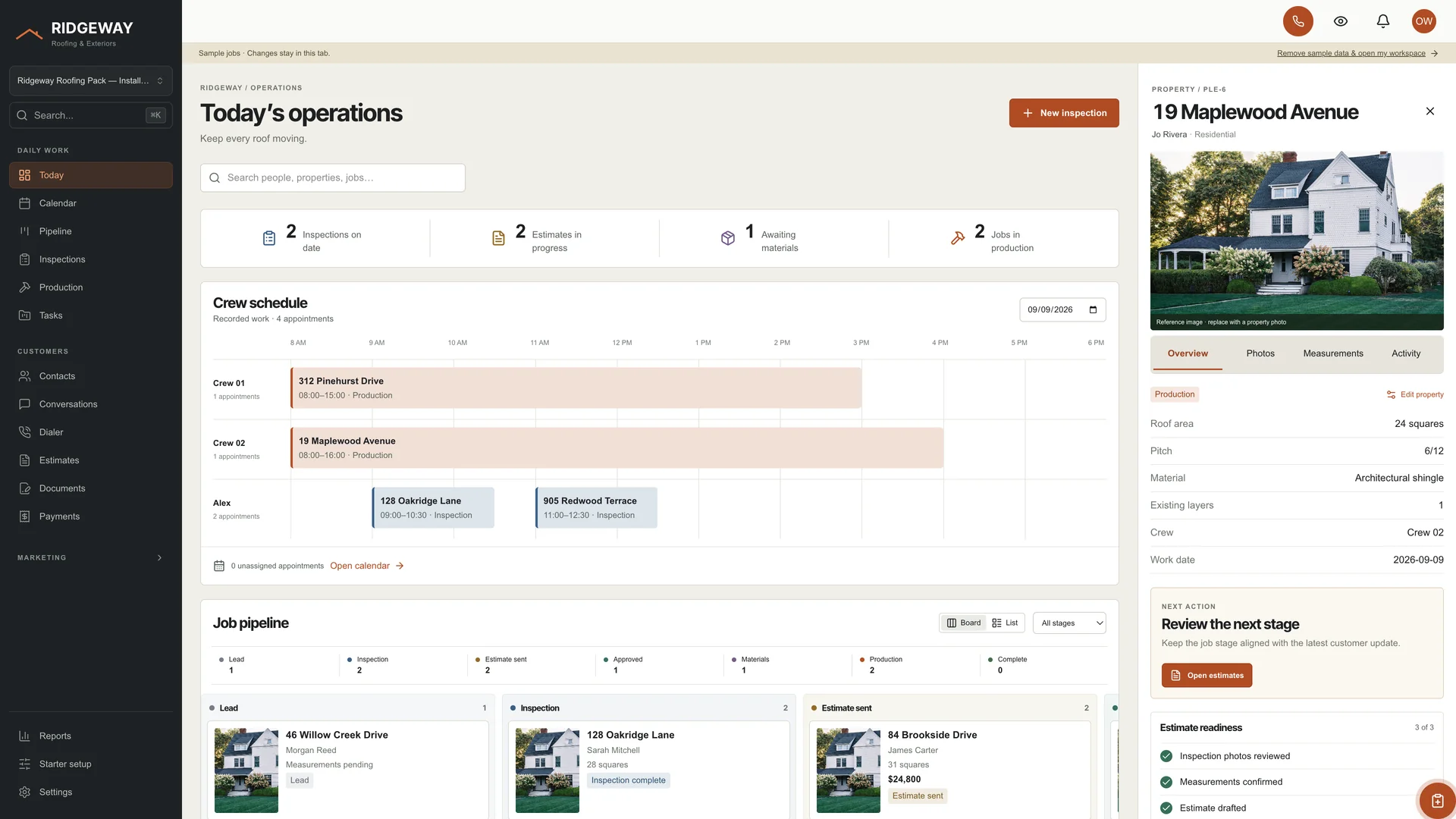GoSeedly Roofing Kit operations dashboard with fictional roofing jobs, crew schedule, and selected property details