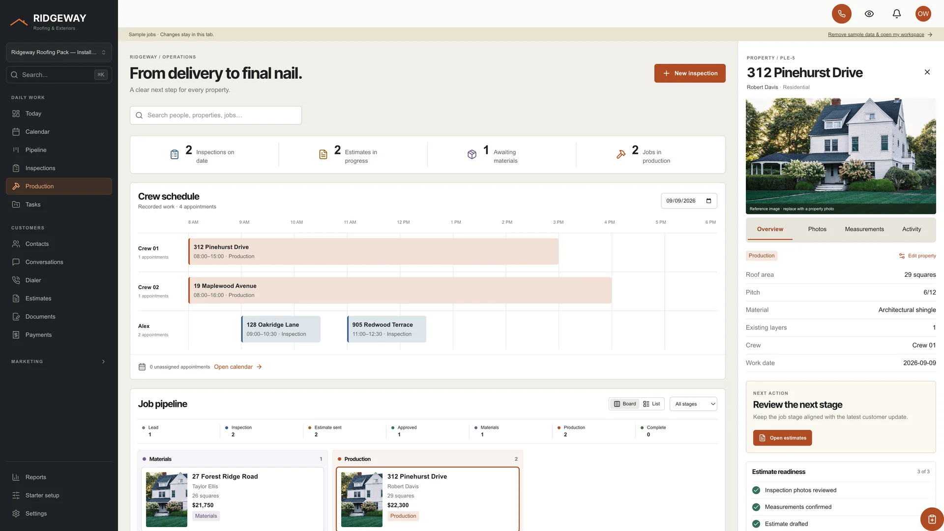 Production in the GoSeedly Roofing Kit with sample data