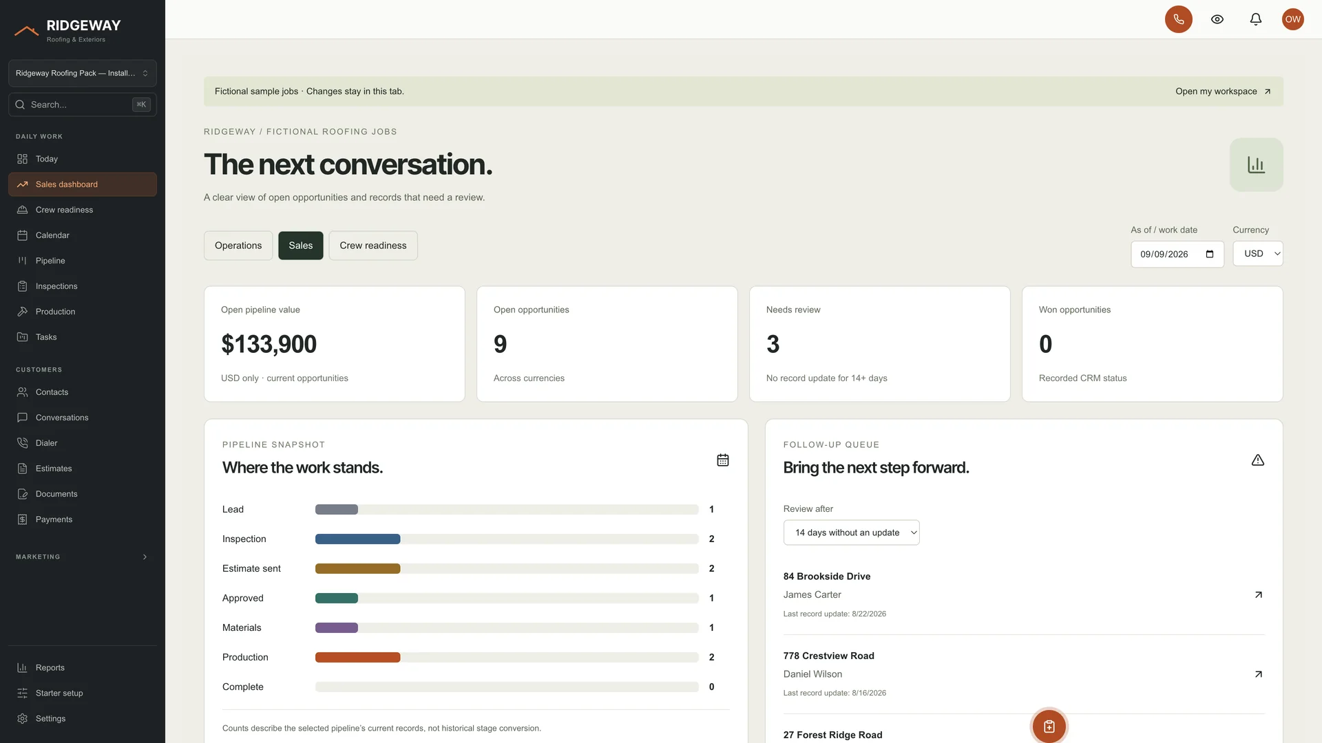 Sales dashboard in the GoSeedly Roofing Kit with sample data