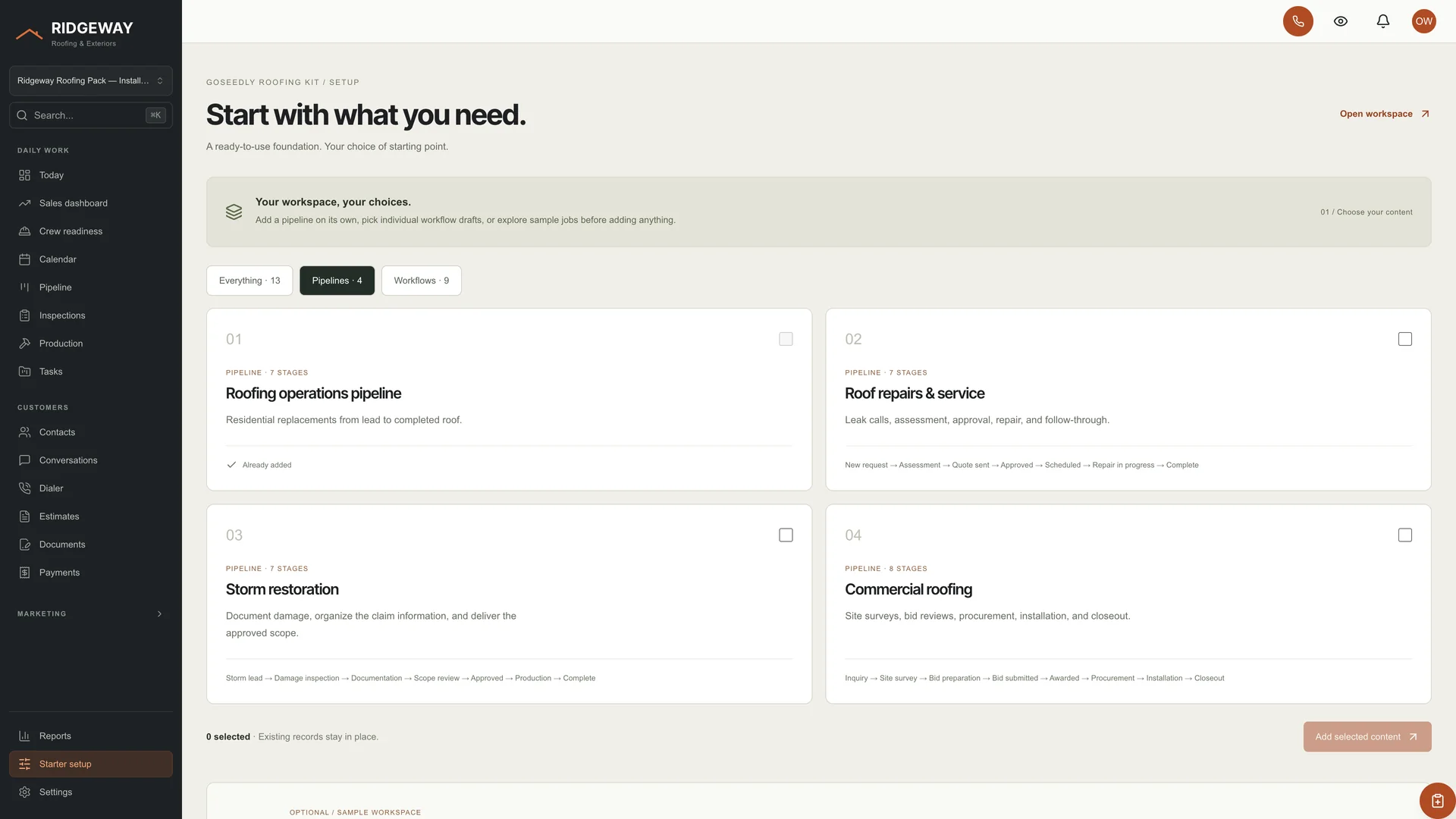 Starter setup in the GoSeedly Roofing Kit with sample data