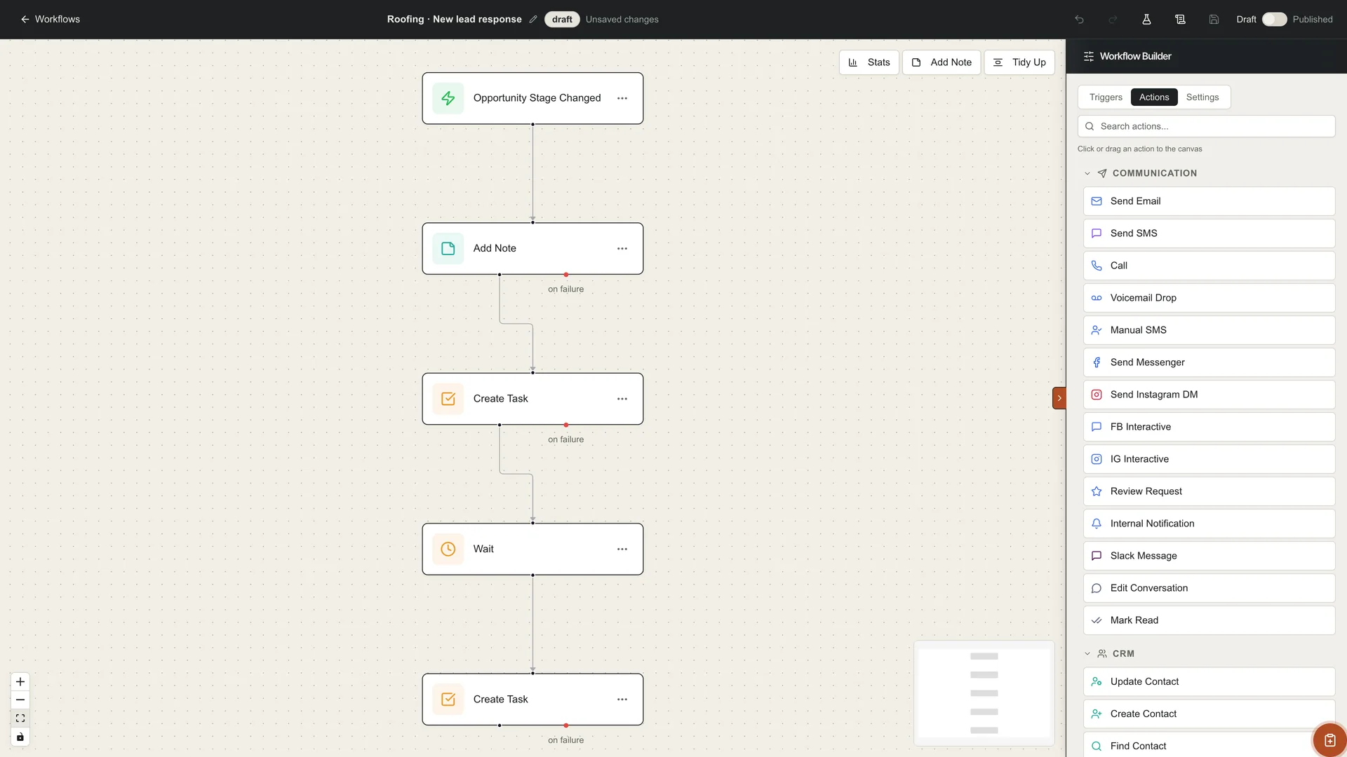 Workflow drafts in the GoSeedly Roofing Kit with sample data